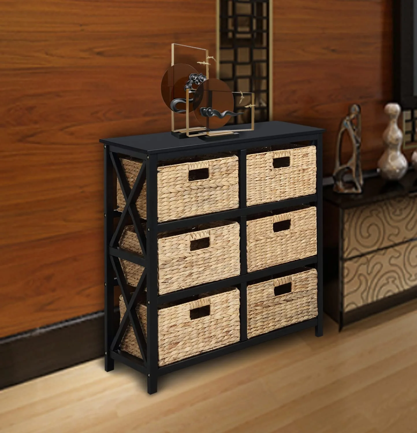 3 Tier X-Side End Storage Cabinet with 6 Wicker Baskets, Black