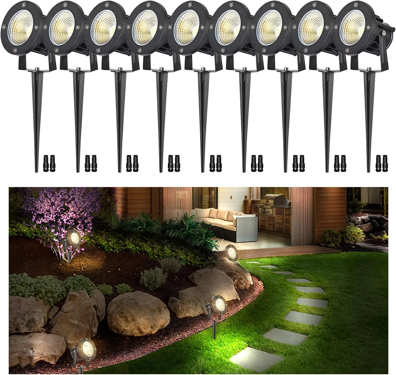 20W Low Voltage Landscape Lights Outdoor,12V Super Warm White(2000LM) LED Spotlights with Connectors and Spike Stand for Wall Tree Flag Spotlights Tree Garden IP65 Waterproof 9 Pack