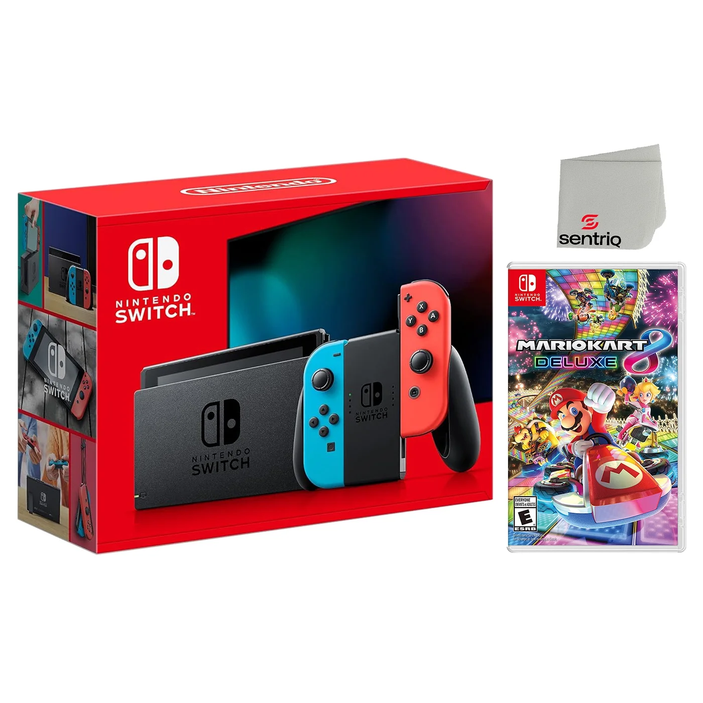 Nintendo Switch with Neon Red/Blue Joy‑Cons + Mario Kart 8 Deluxe + Sentriq Screen Cleaning Cloth Bundle - Japan Import with US Plug