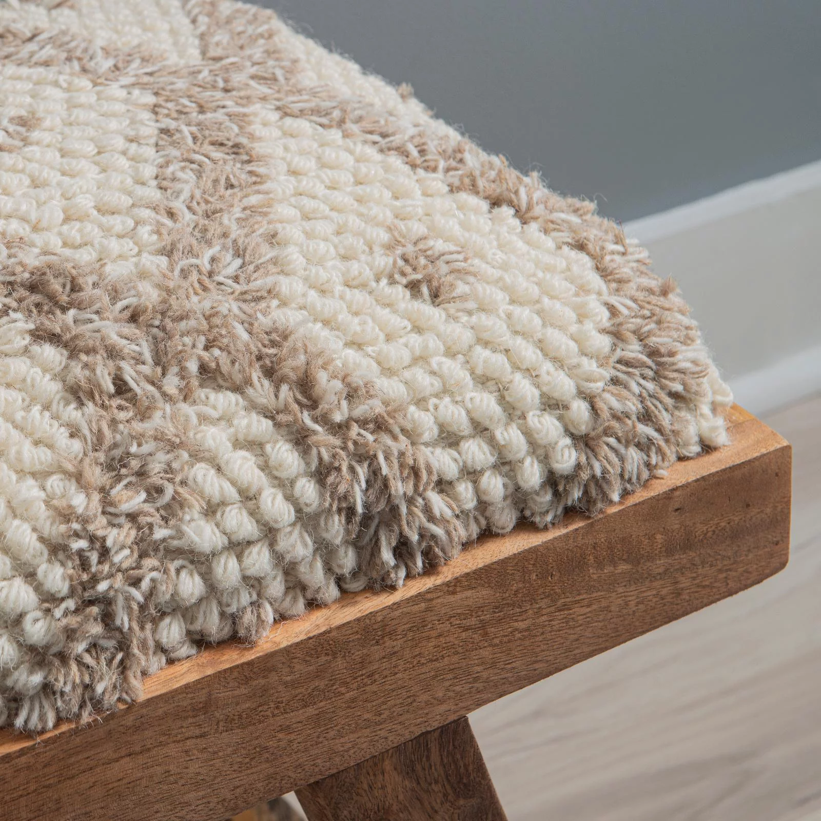Powell Byan Bench - Brown with Off-White and Taupe Handwoven Diamond Pattern Fabric