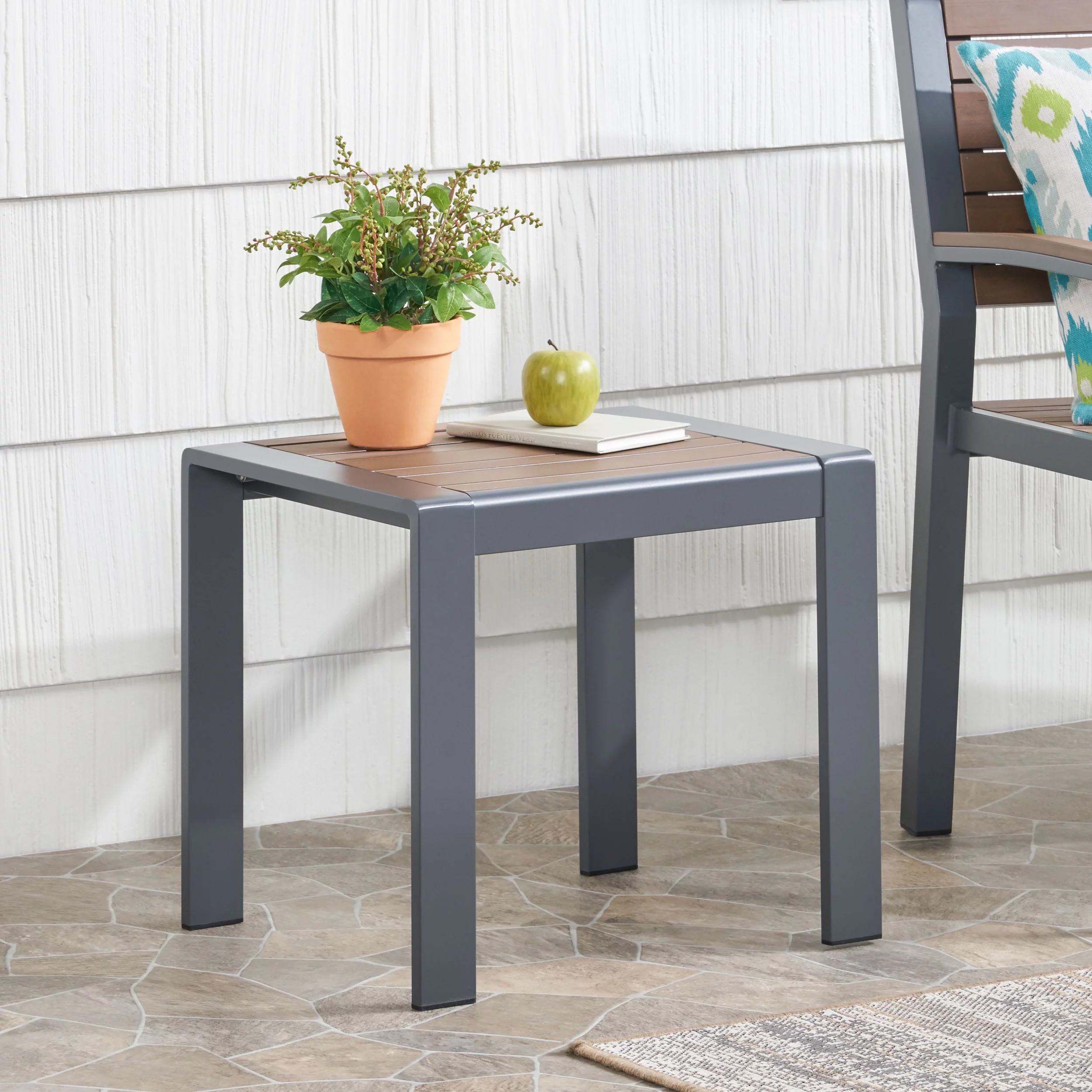 GDF Studio Trimble Outdoor Aluminum Side Table, Gray and Brown