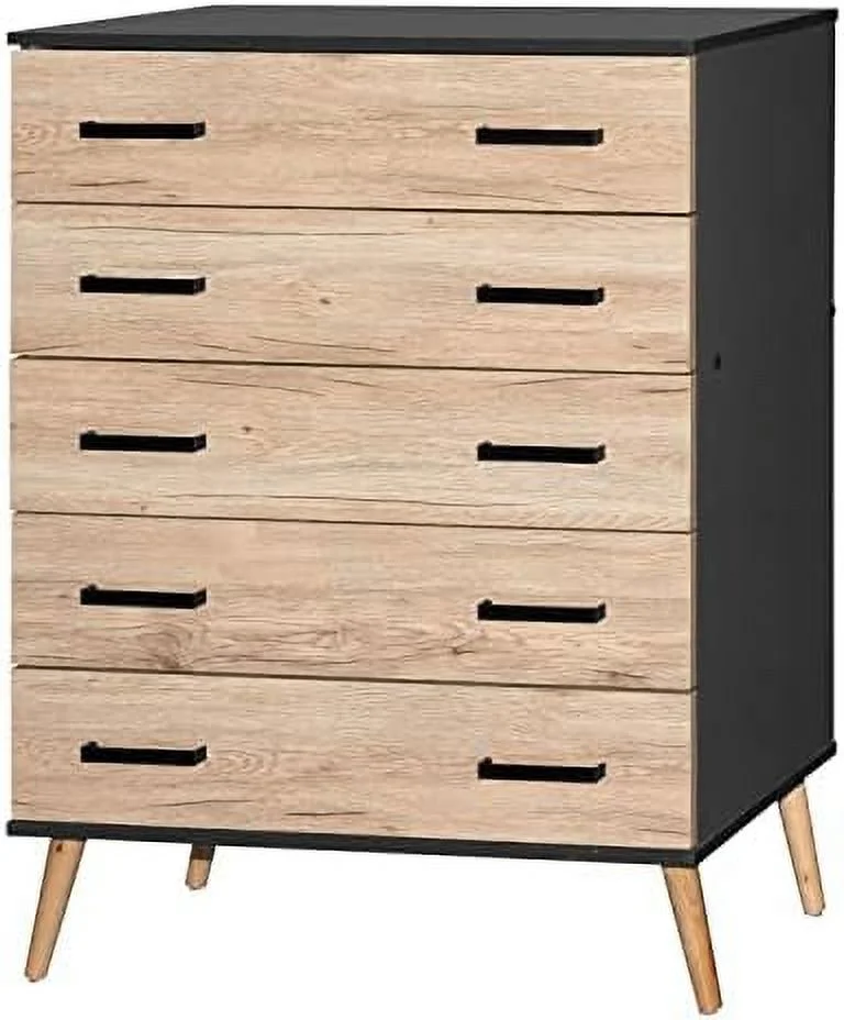xrboomlife Eli Mid-Century Modern 5 Drawer Chest in White & Natural Oak