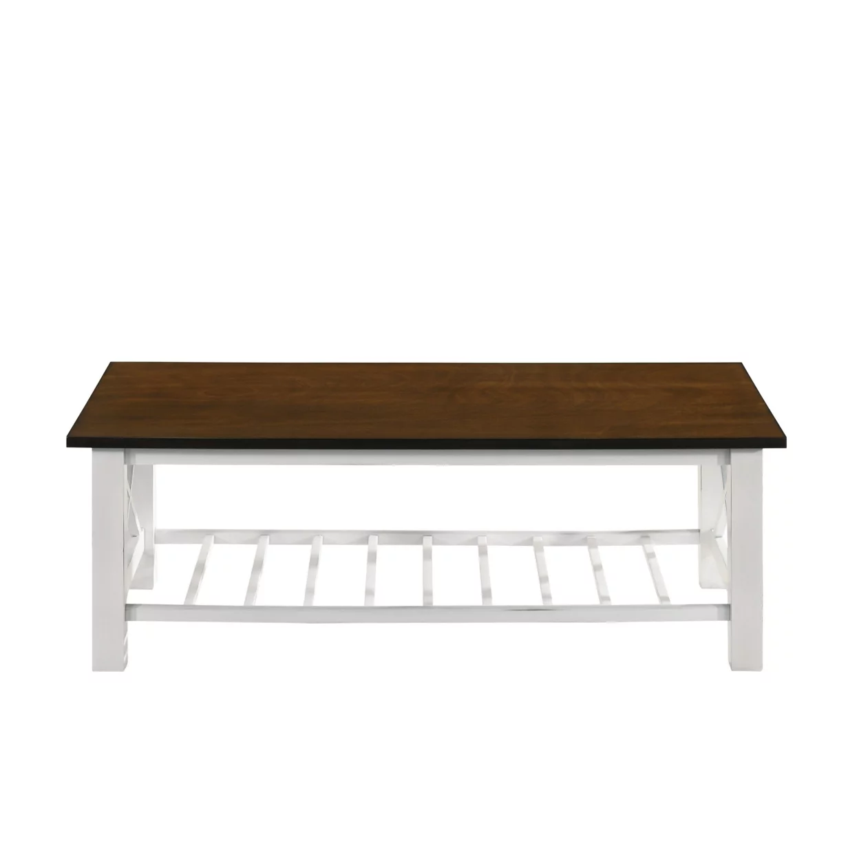 Viki 47 Inch Coffee Table Crossbar Slatted Open Shelf White and Brown - Saltoro Sherpi