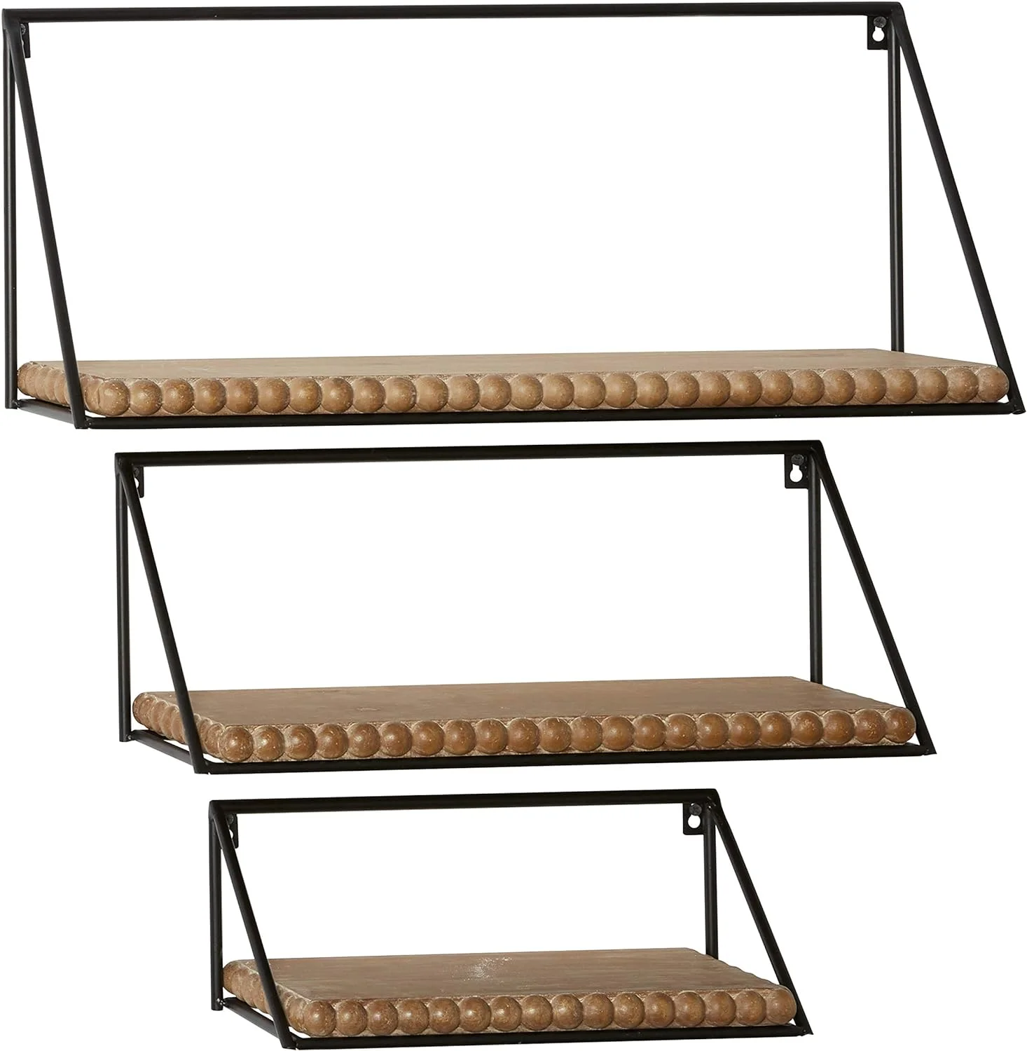 Natural Wood and Black Metal Wall Shelf with Beaded Edge Set of 3 24