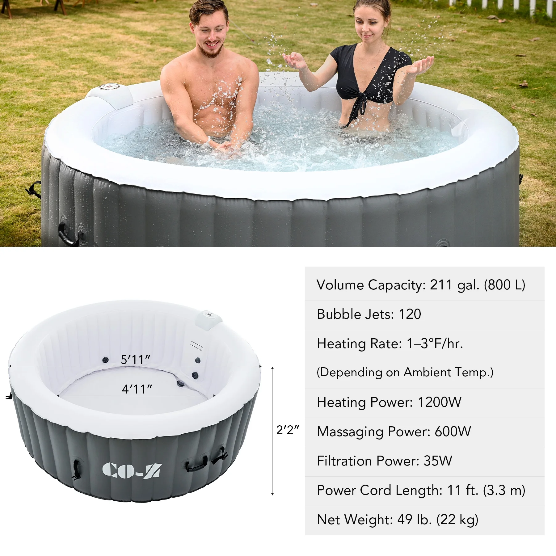CO-Z 4 Person 6ft Inflatable Hot Tub Pool with Massage Jets and All Accessories Gray
