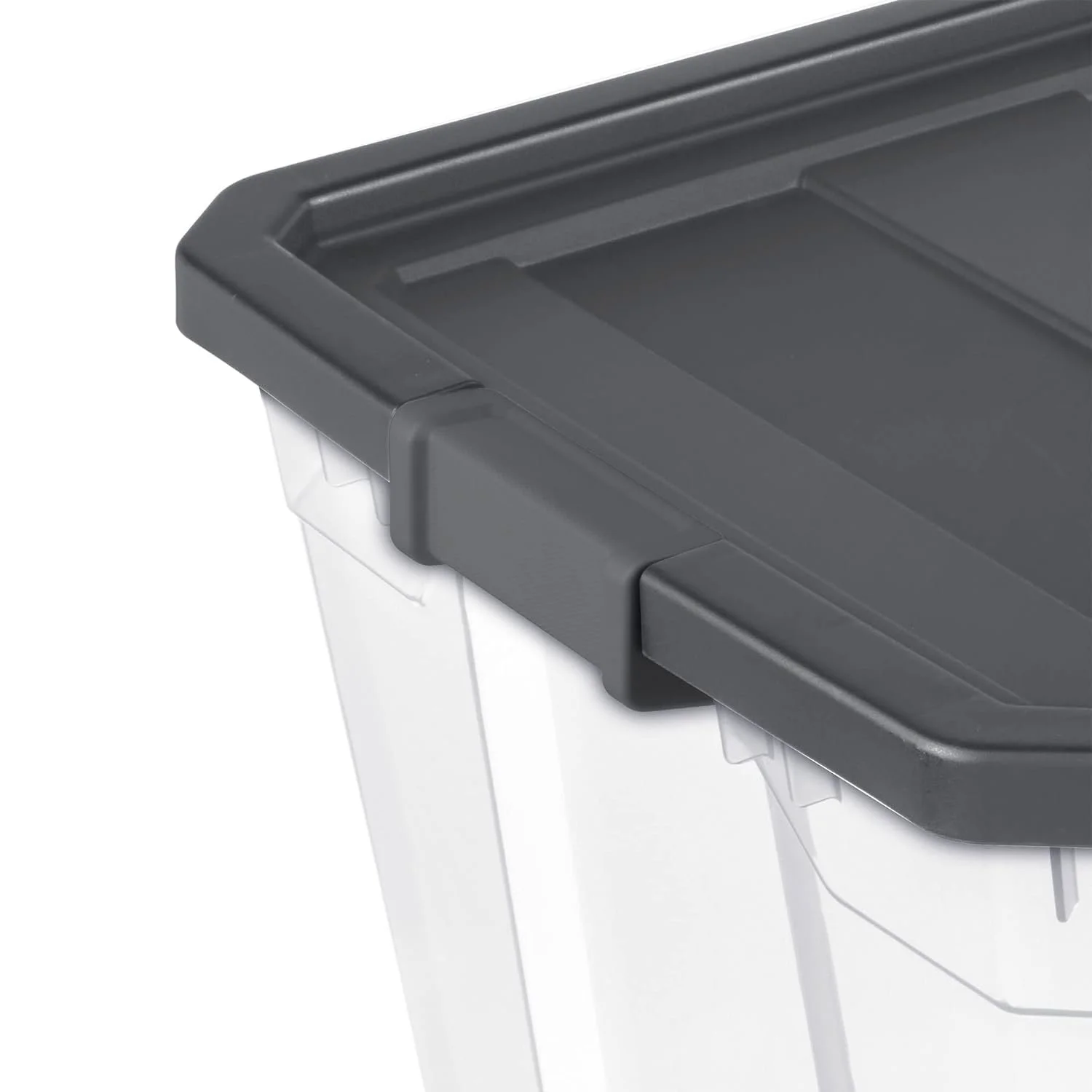 Sterilite 200 Quart Clear Plastic Modular Stacker Storage Bin Tote Container with Latching Lid, Clear Base, and Textured Sure-Grip Surface, Flat Grey