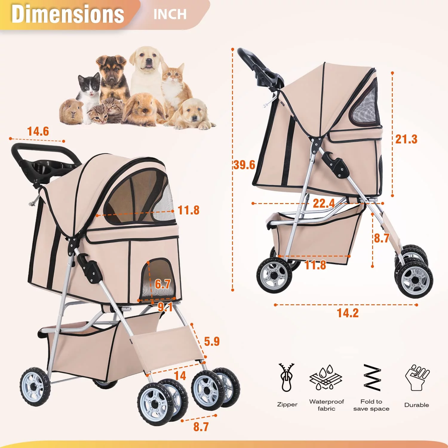 BestPet Pet Stroller Cat Dog Cage Stroller Travel Folding Carrier,Beige