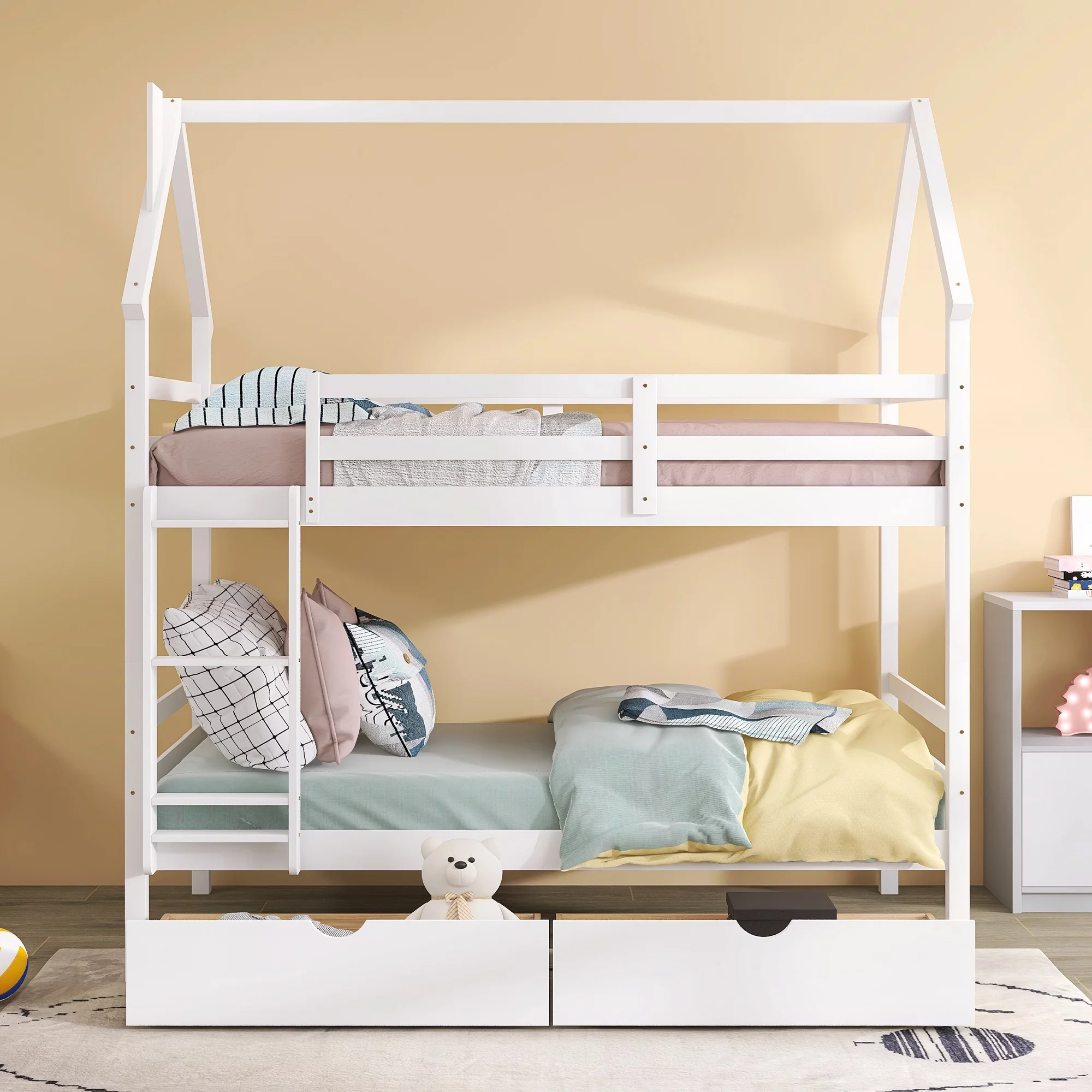 EUROCO Twin House Bunk Bed with Drawers for Kids Bedroom, White