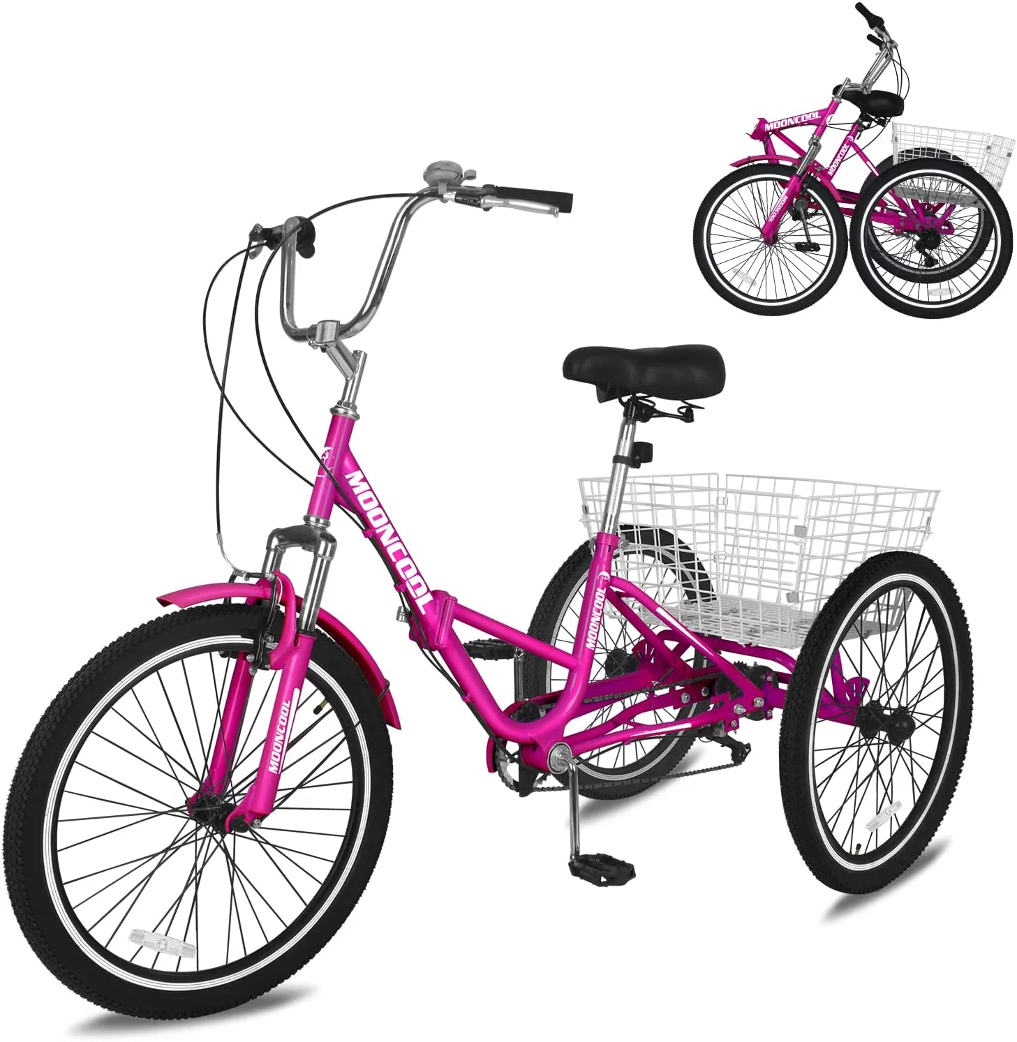 Slsy Adult Folding Tricycles, 7 Speed Folding Adult Trikes, 20 24 26 Inch 3 Wheel Bikes with Large Size Basket, Foldable Tricycle for Adults, Women, Men, Seniors