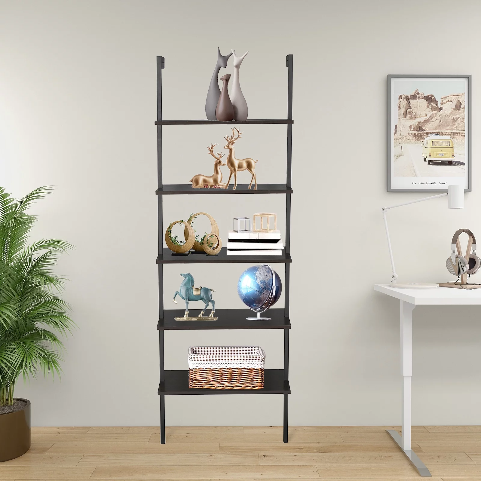 Modern 5-Shelf Wood Ladder Bookcase with Metal Frame, Industrial Style 5-Tier Storage Shelf, Dark Walnut Wood Shelves - Perfect for Home Office or Living Room