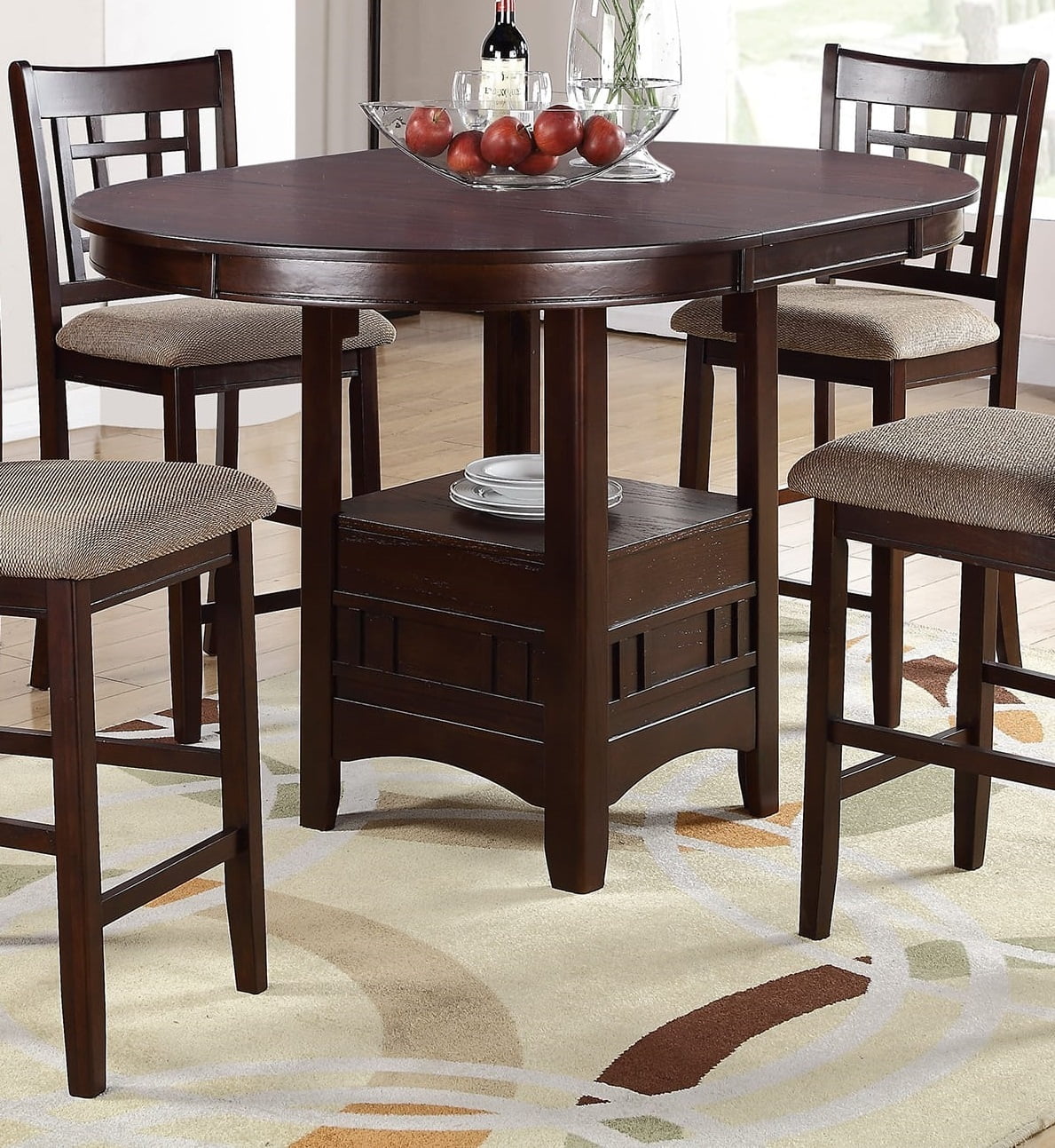 Elegant Solid Wood Dark Rosy Brown Round Counter Height Dining Table with Shelve - Only 1 Piece Table Available for Sale