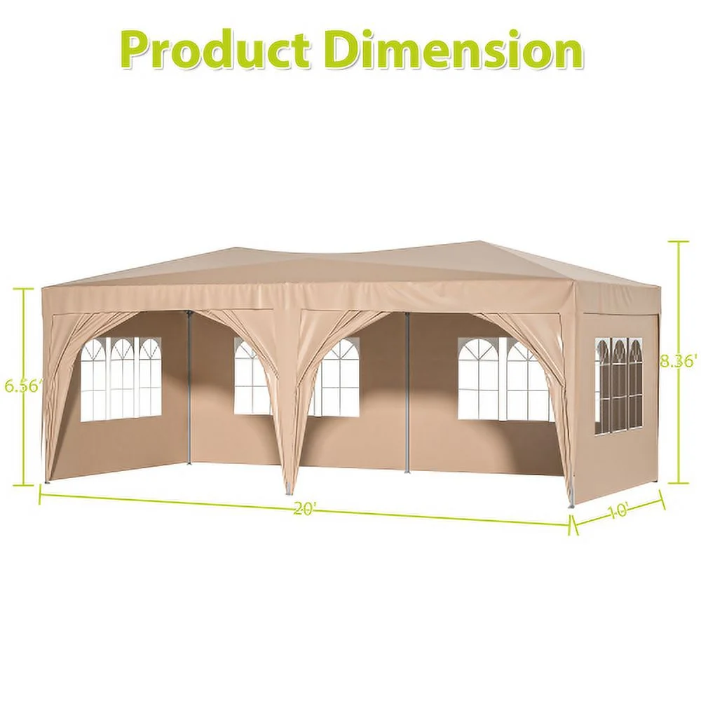 Qulable 10'x20' EZ Pop Up Canopy Outdoor Portable Party Folding Tent with 6 Removable Sidewalls + Carry Bag + 6pcs Weight Bag Beige