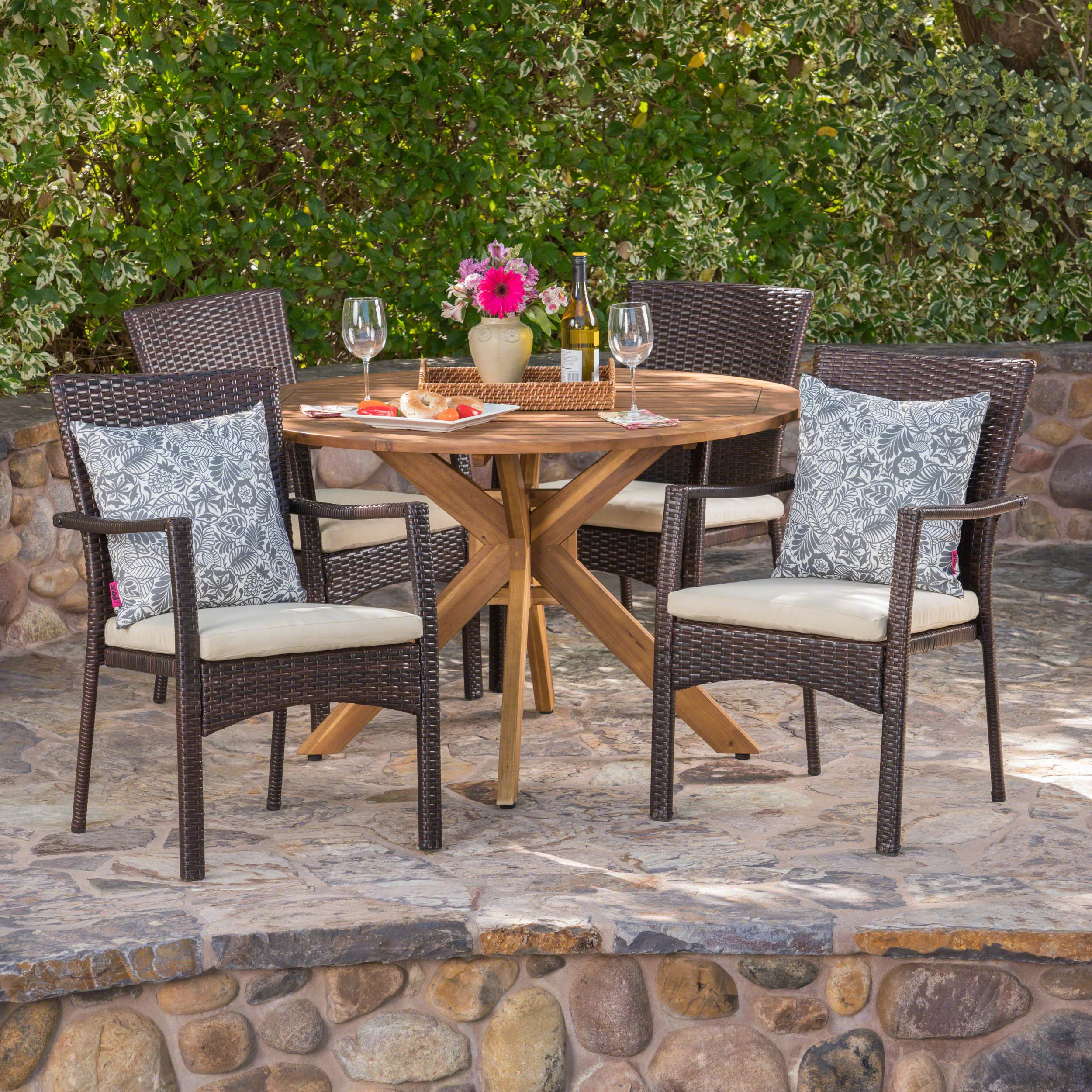 GDF Studio Tara Outdoor Wicker and Acacia Wood 5 Piece Dining Set with Cushions, Teak, Brown, and Cream
