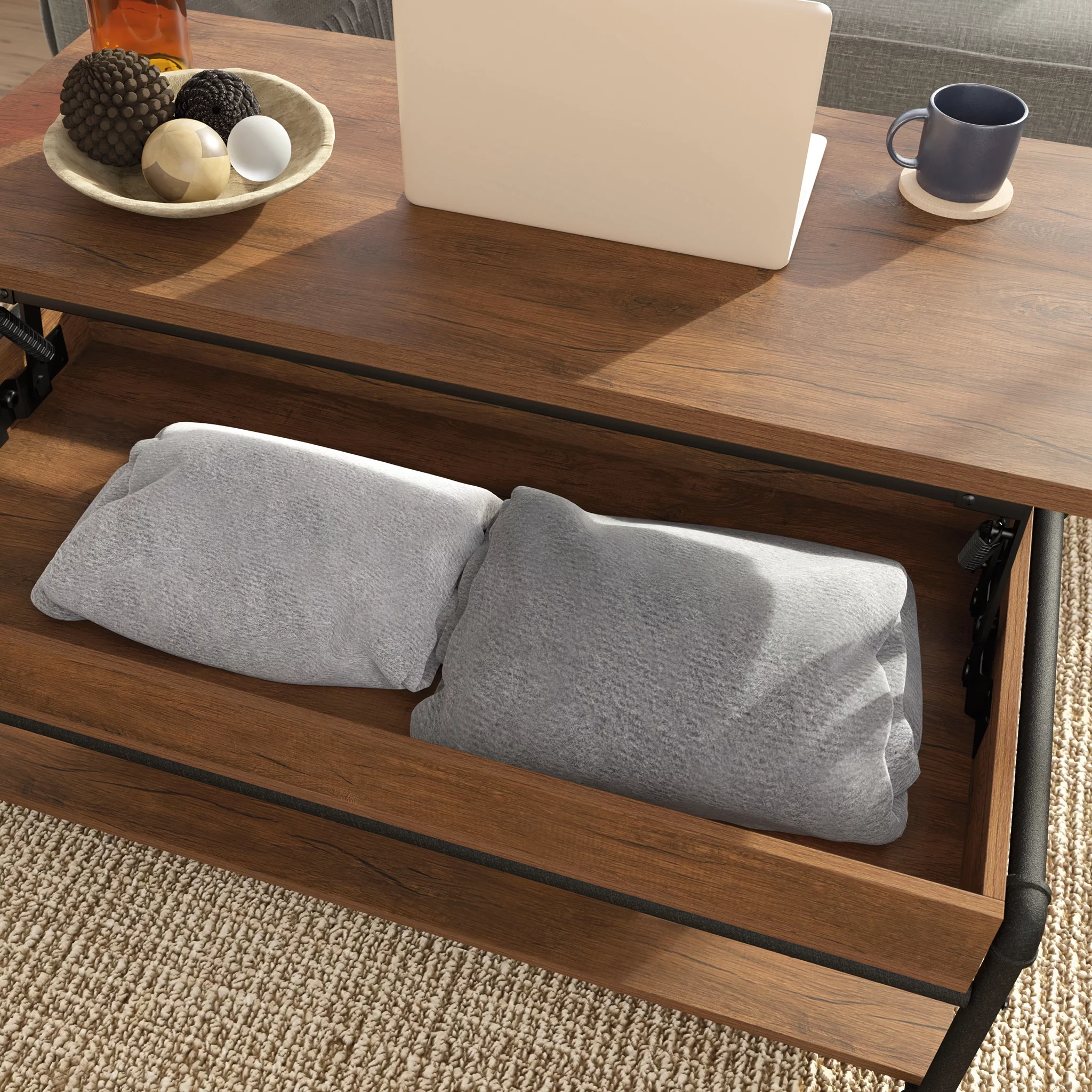 Sauder Iron City Industrial Pipe Lift-Top Coffee Table, Checked Oak Finish