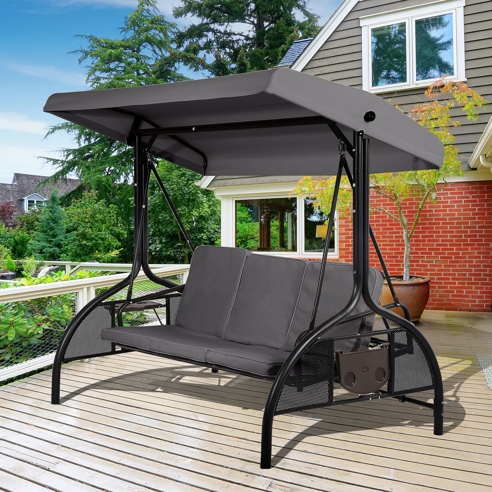 Haverchair 3-Seat Patio Porch Swing Outdoor Swing with Adjustable Canopy and Backrest, Thickened Cushion, Pillow and Foldable Side Tray for Patio, Backyard, Porch Swing Bed for Spring,Gray