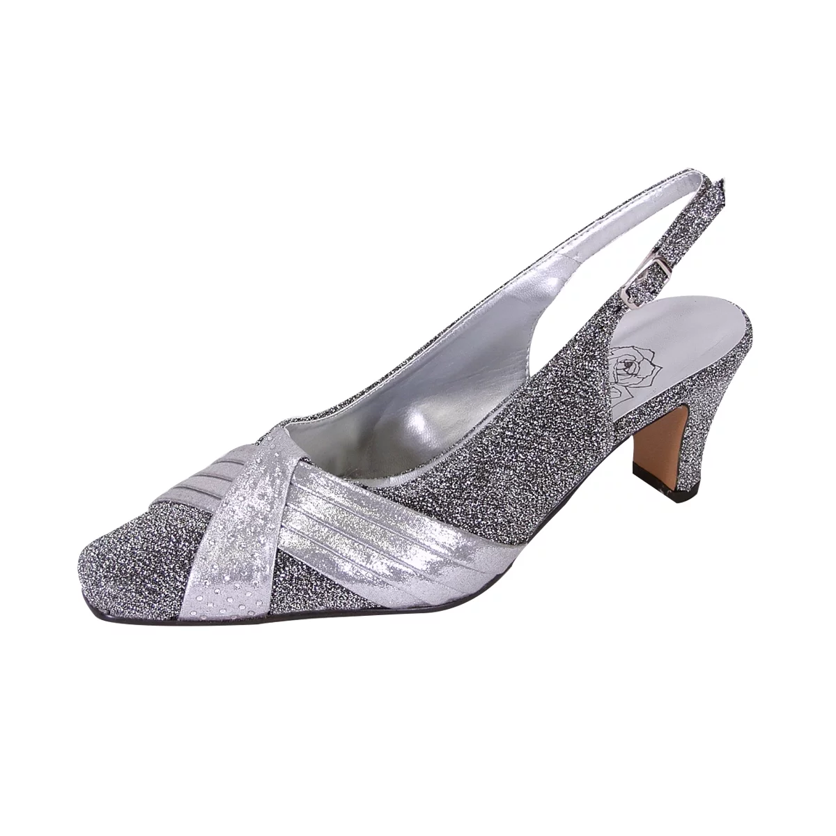 FLORAL Layla Women's Wide Width Glittery Slingback with Pleated Front Crystals SILVER 8