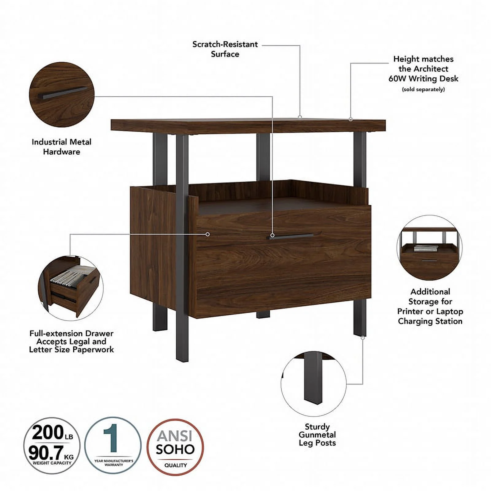 Home Square 1 Drawer Lateral Wood Filing Cabinet Set in Modern Walnut (set of 2)