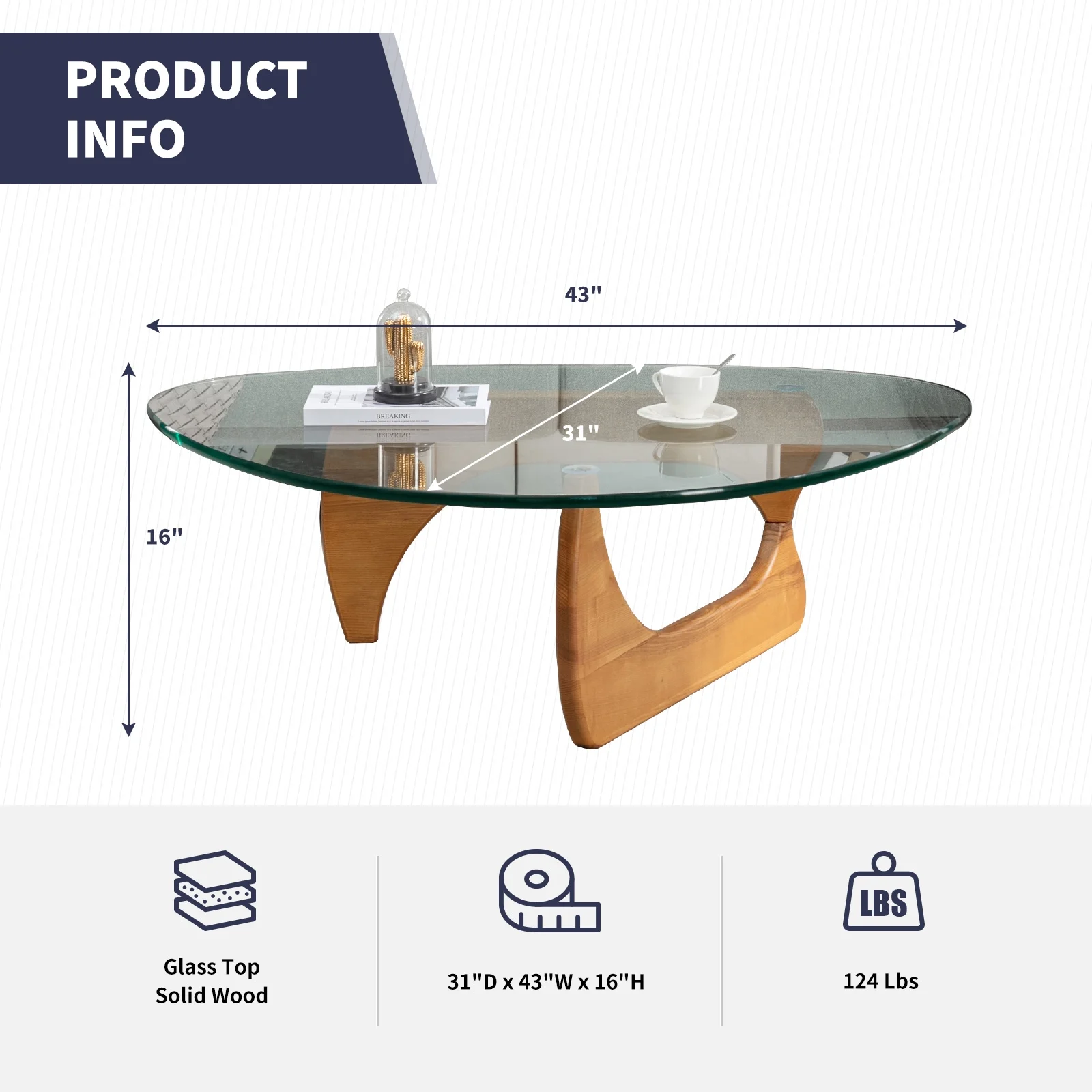 ijuicy Triangular Coffee Table with 12mm Tempered Glass, Vintage Triangle End Table with Solid Wood Base, Modern Side Table For Living Room, Patio, Studio Light Walnut