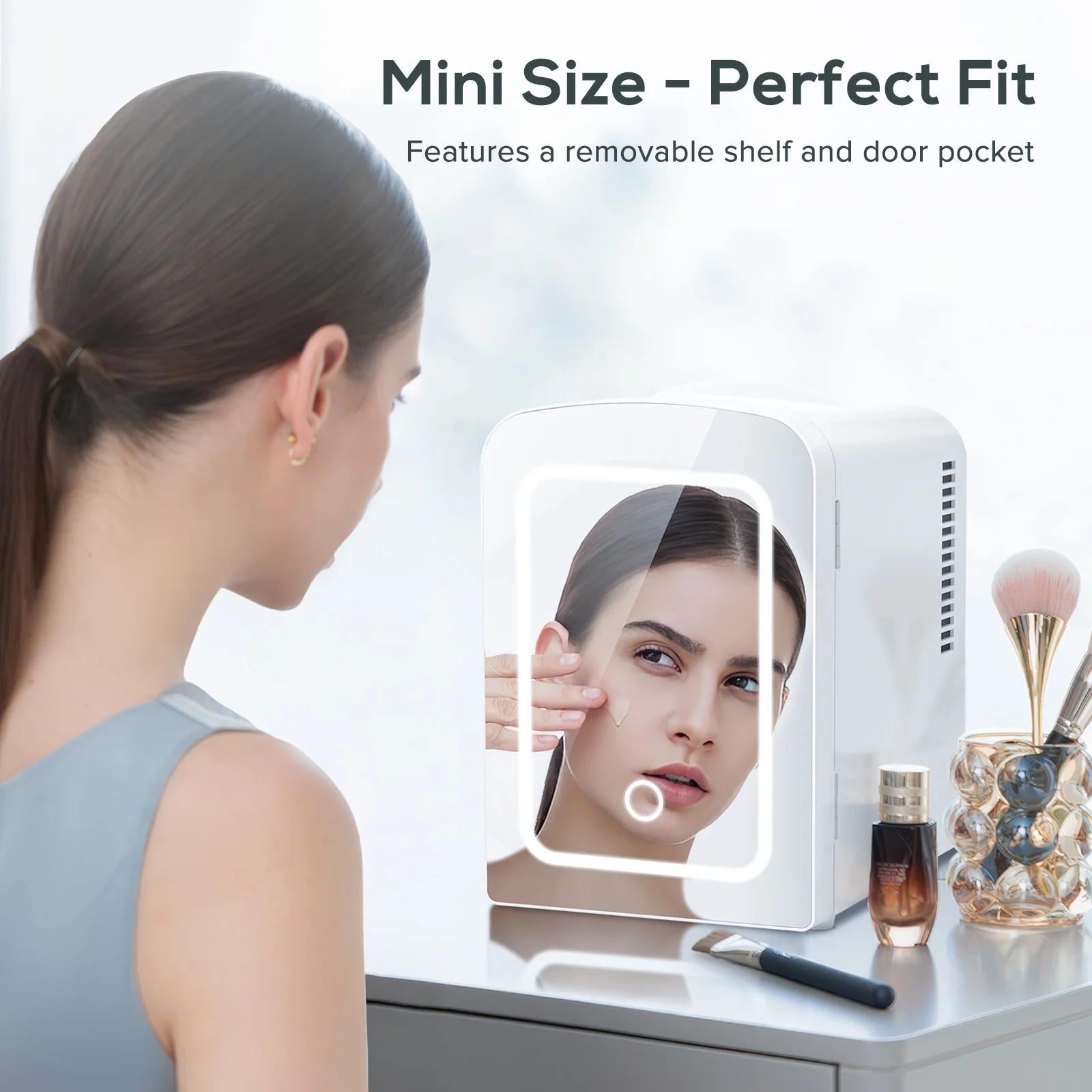 KISSAIR Mini Refrigerator and Personal Beauty Fridge, Mirrored Door with Light, 4 Liter, White
