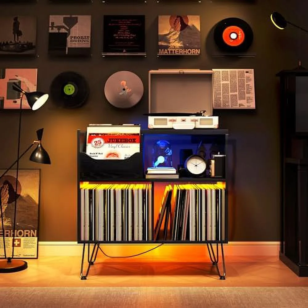 MQLIFEBOOM Record Player Stand with Vibration-Isolated Turntable Design  Vinyl Record  Table with Charging Station  Mid-Century Modern Turntable Stand (Black)