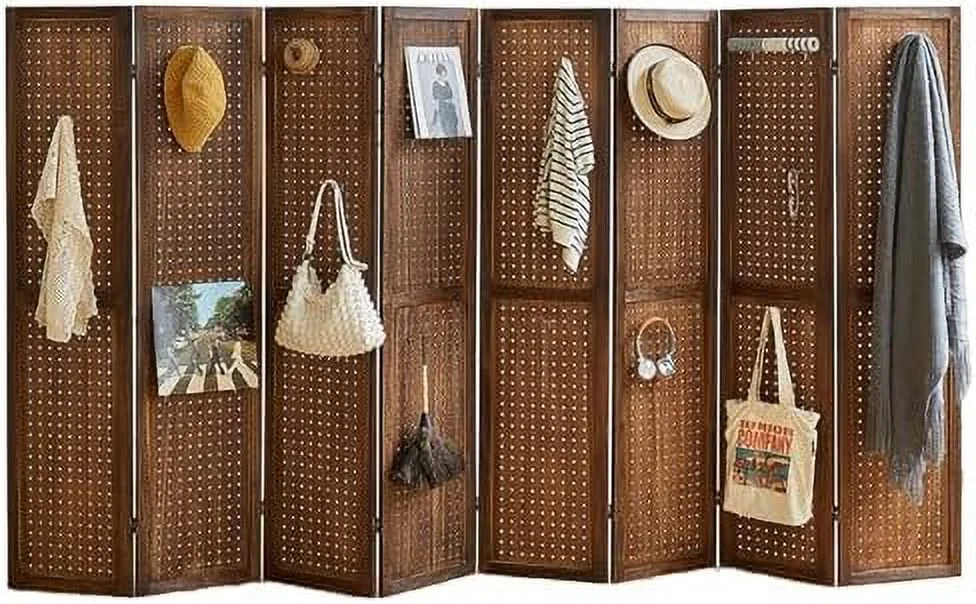 xrboomlife 6 Panel Room Divider  Pegboard Display  5.6Ft Folding Privacy Screen Wood Room Divider Portable Freestanding Wall Organizer for Bedroom Reading Room(Dark Brown)