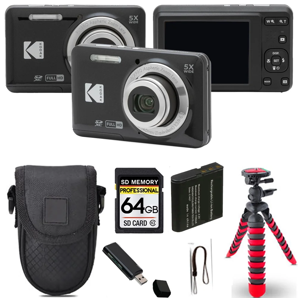 Kodak PIXPRO FZ55 Digital Camera (Black)+ Spider Tripod + Case - 64GB Kit