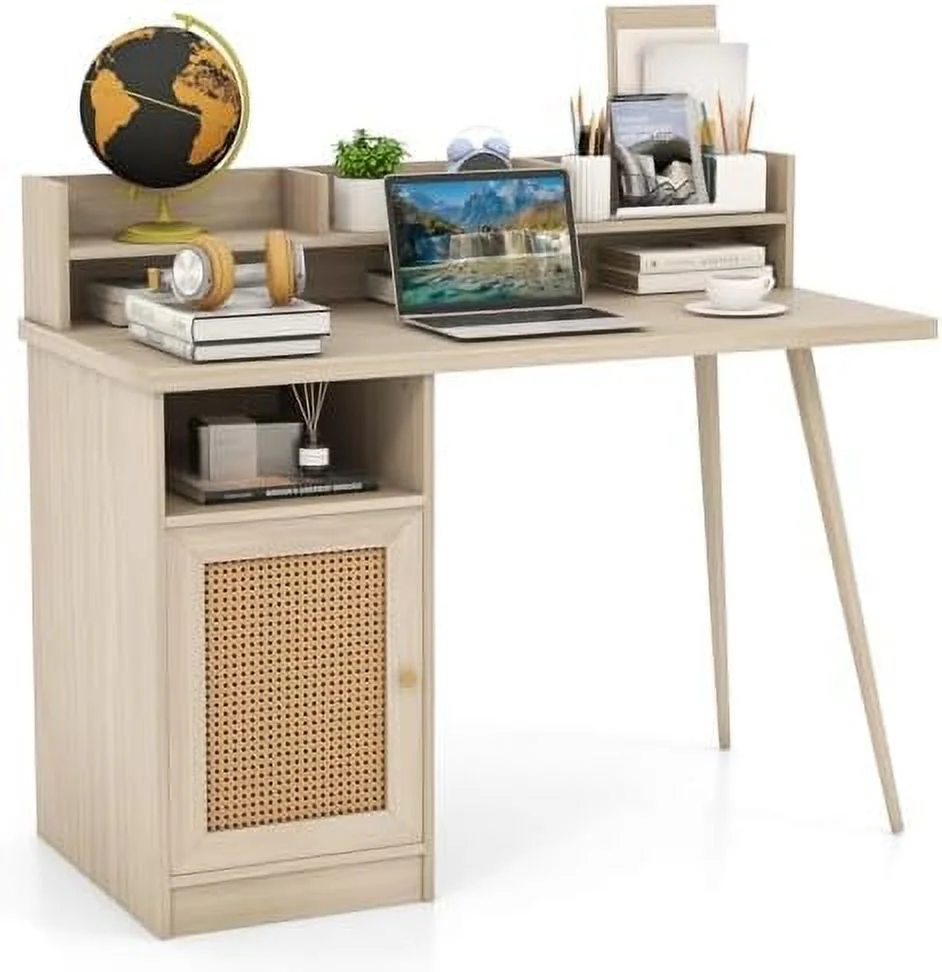 CHUIJN Mid Century Desk with Hutch  48\u201D Writing Study Desk with PE Rattan  Cabinet & Shelves  Laptop PC Desk with Rubber Wood Legs  Compact Computer Workstation for Home Office (