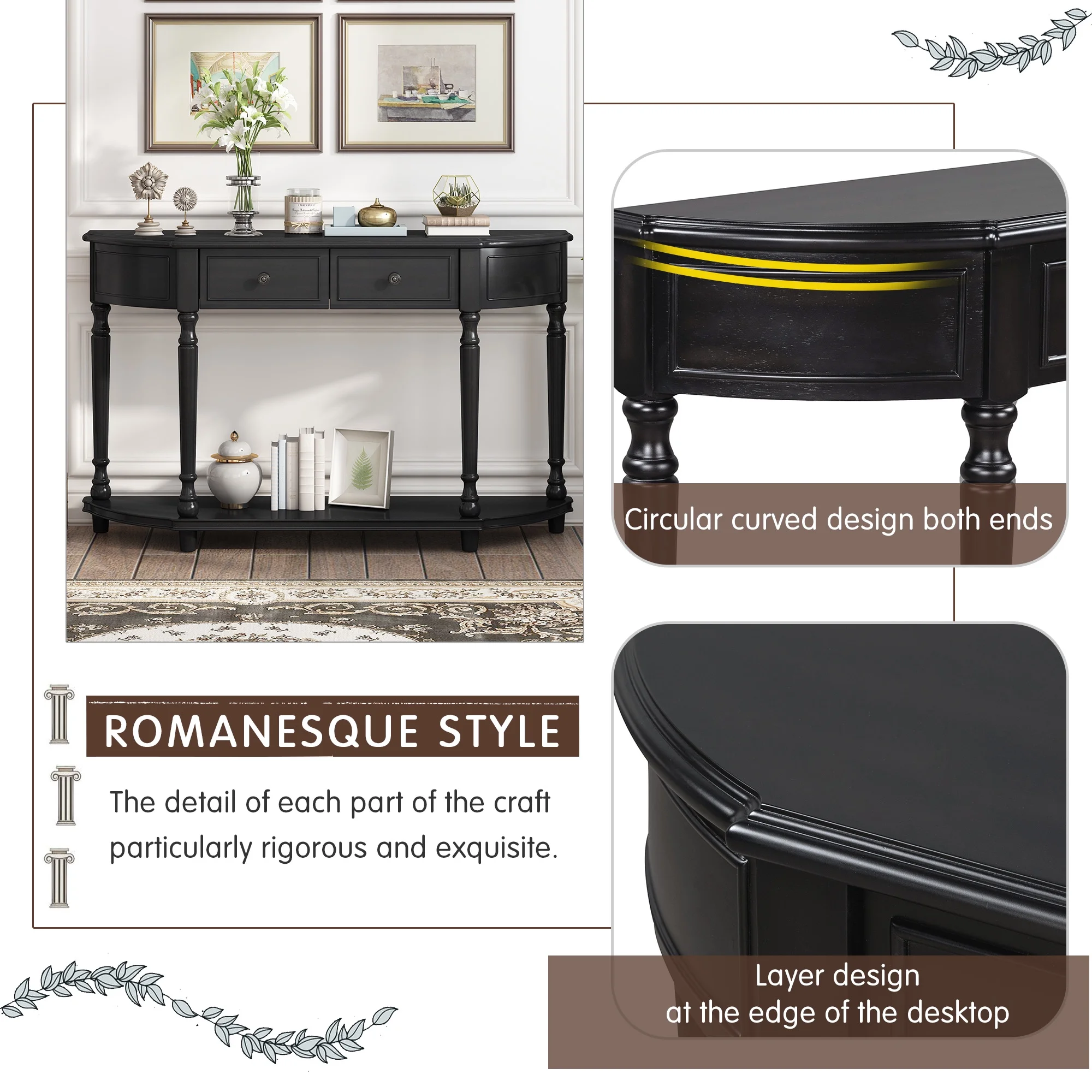 Retro Circular Curved Design Console Table with Open Style Shelf Solid Wooden Frame and Legs Two Top Drawers (Espresso, OLD SKU: WF298768AAB)