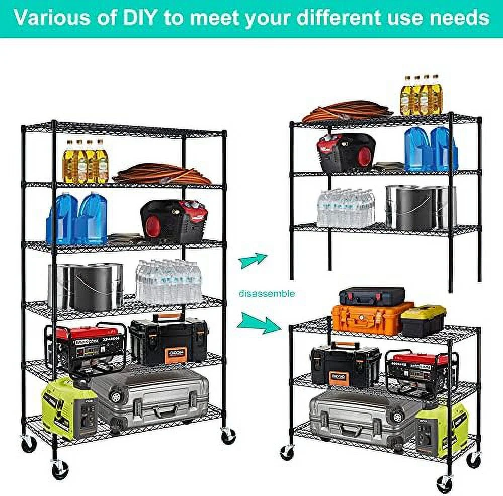 MQLIFEBOOM Metal Shelves Garage Shelving Wire Shelving Unit with Wheels  6000lbs Weight Capacity Heavy Duty NSF Height Adjustable  Shelves 6 Tier Steel Commercial Grade Wire Rack  Black