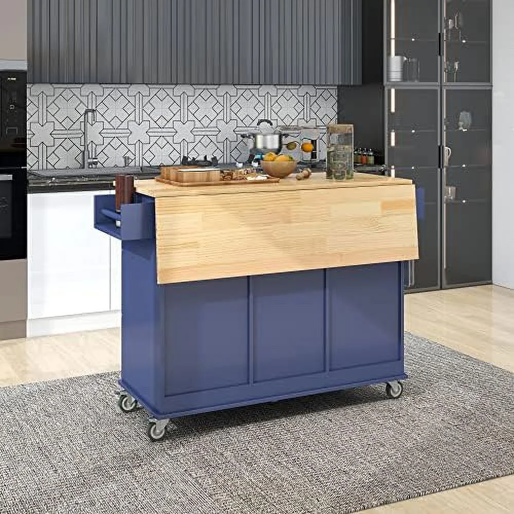 HYHBIBOOM Rolling Kitchen Island Cart with Folding Drop Leaf and  Cabinets  Kitchen Cart on Wheels with Spice Rack  Towel Rack and 3 Drawers  Dark Blue