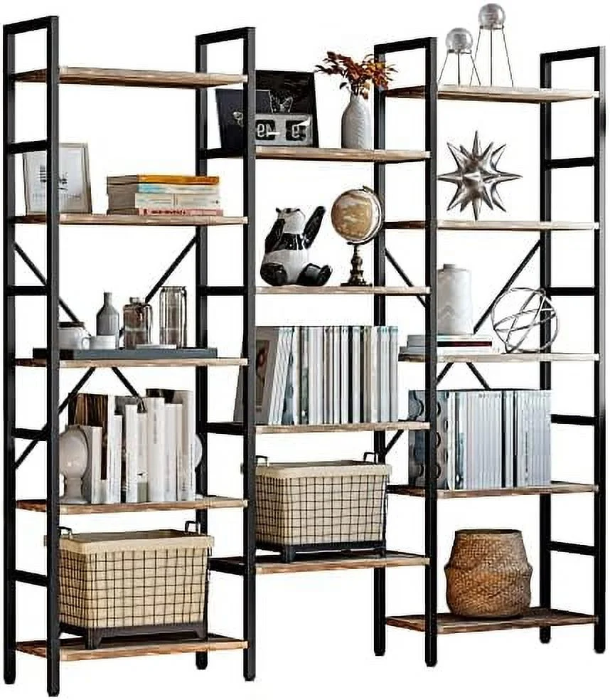YPZBBOOM and Bookshelves Triple Wide 5 Tiers Industrial Bookshelf  Large Etagere Bookshelf Open Display Shelves with Metal Frame