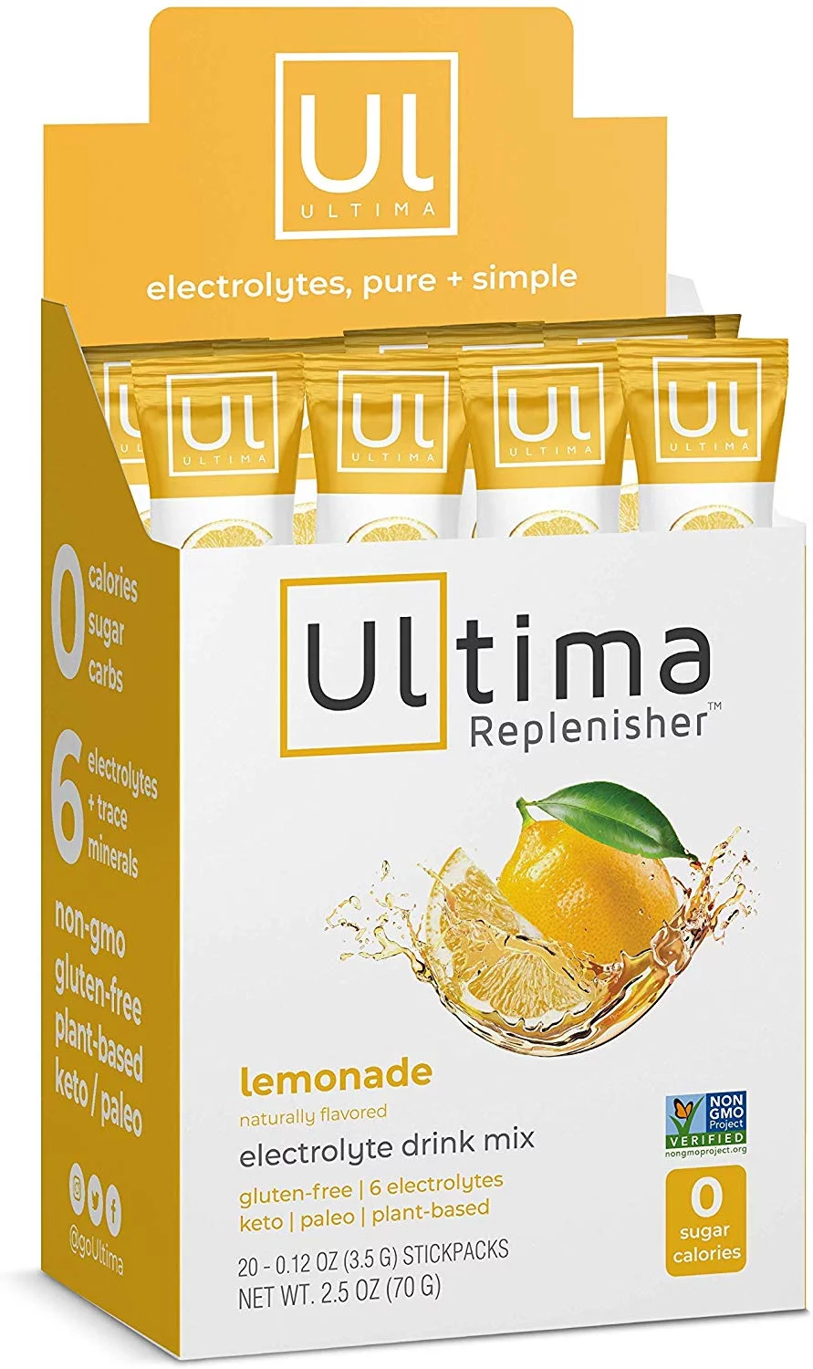 Ultima Replenisher Electrolyte Hydration Mix, Lemonade, 20 Count Stickpacks - Sugar-Free, 0 Calories, 0 Carbs - Gluten-Free, Keto, Non-GMO, Vegan -Magnesium, Potassium, Calcium, Sodium