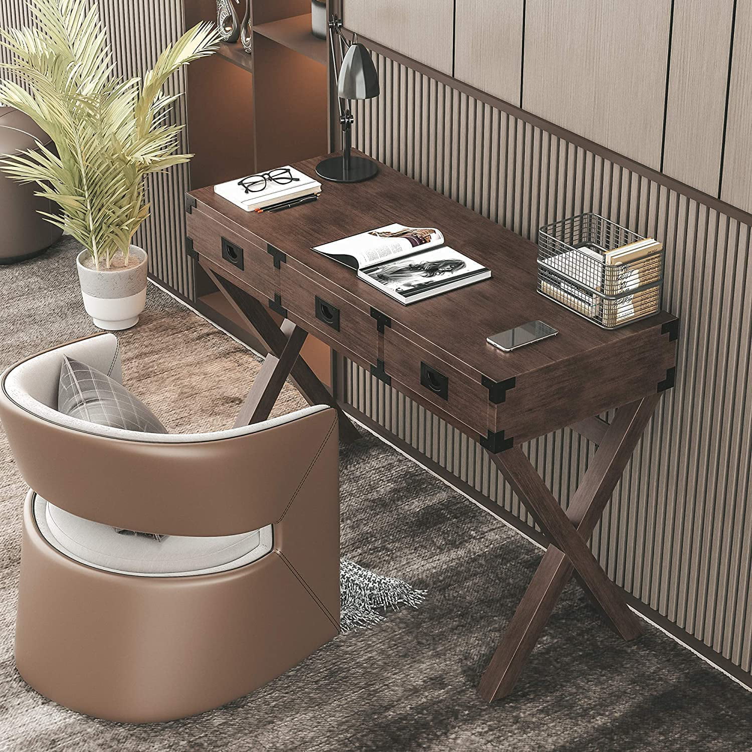 Computer Desk,Solid Wood Writing Desk, Console Table with 3 Drawers, Vanity Desk, Vintage Crafts