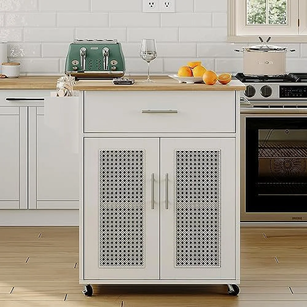 SQRTCV Kitchen Island with   Rolling Kitchen Island on Wheels with Solid Wood Countertop  White Kitchen Island Cart with Rattan  Cabinet  Spice Rack  Towel Rack and Drawers