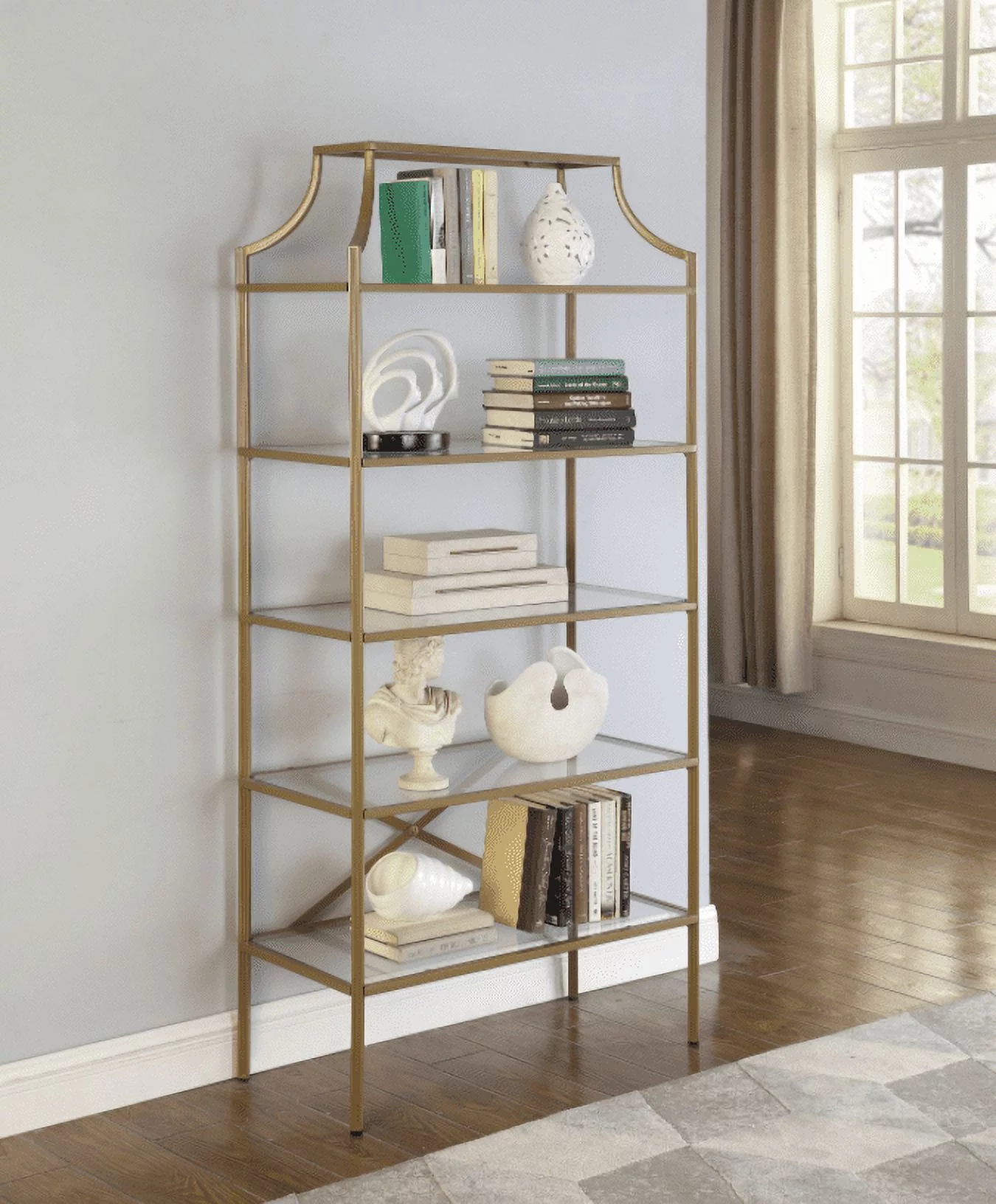 5-Tier Tempered Glass Shelves Bookcase Matte Gold