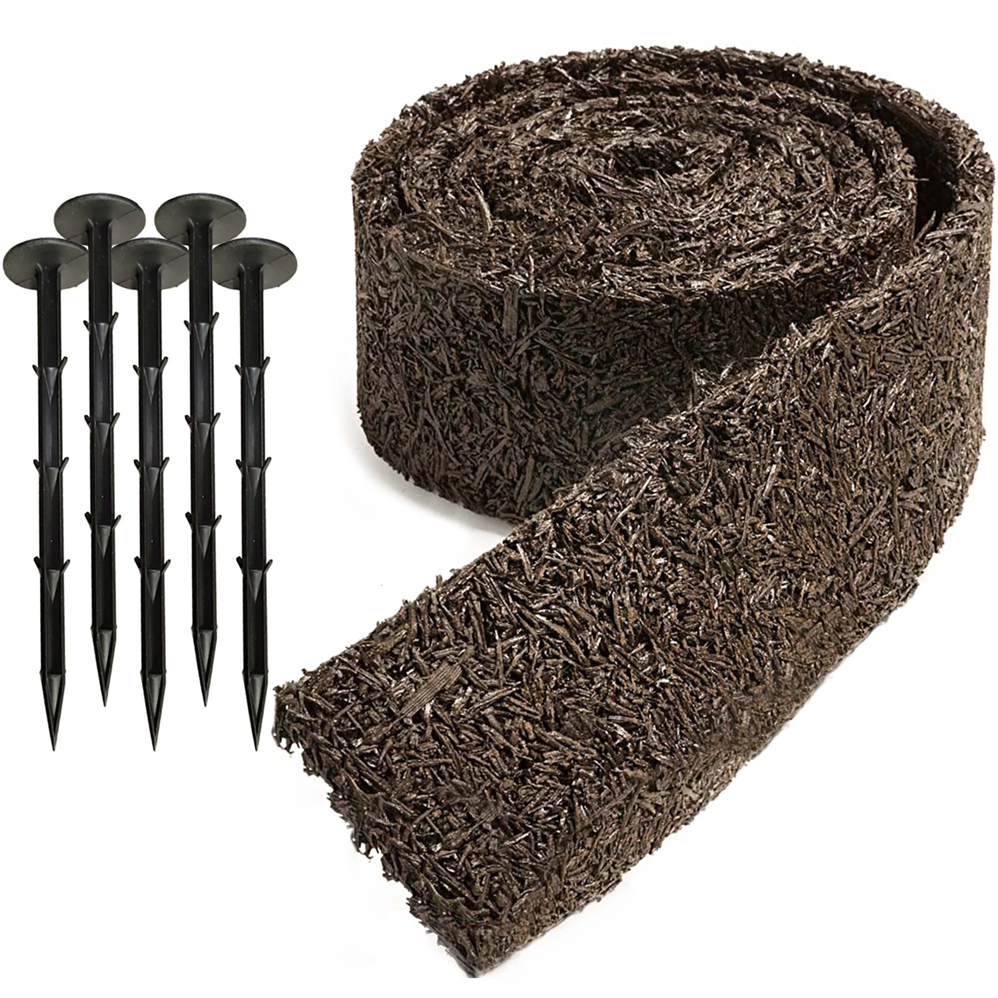 Zyppio Black Rubber Mulch for Landscaping, 120” x 4.5” Roll, Natural-Looking Permanent Garden Barrier for Plants, Vegetables, and Flowers, Recycled and Sustainable, 15 Plastic Anchors