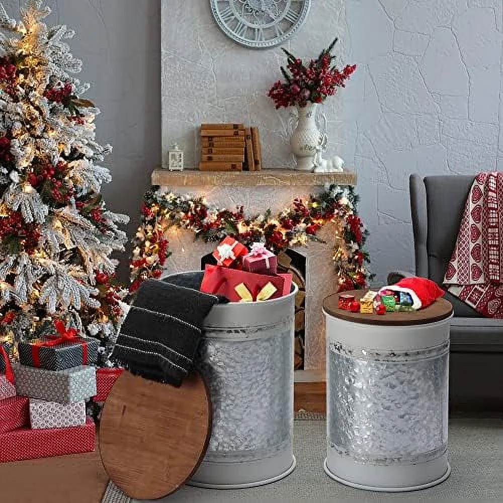 ZFGSUIJN Rustic  Ottoman Seat Stool  Farmhouse    Antique Galvanized Metal End  Box Bin with Square Wooden Lid （Square&Galvanized）