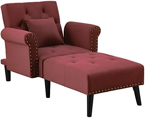 HYHBIBOOM 2-in-1 Chaise Lounge Indoor with Rolled Armrest  Nailhead Trim and Button Tufting  Adjustable Velvet Fabric Upholstered Sofa for Bedroom and Living Room  Grey