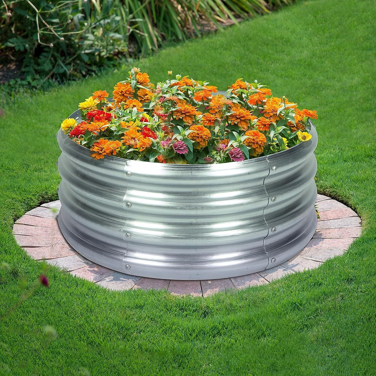 Round Galvanized Raised Garden Beds Outdoor, Steel Fire Pit Ring Flower Planter