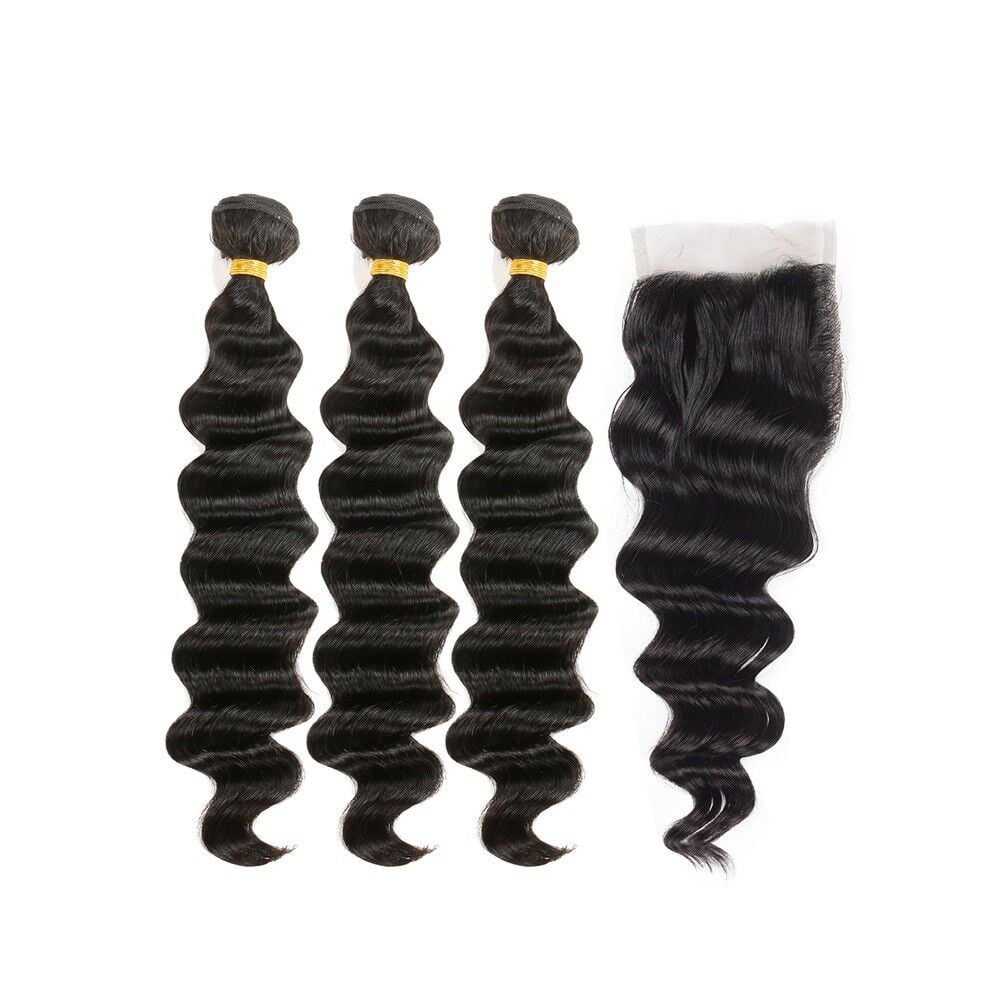 Brazilian Virgin Hair Loose Wave Bundles Human Hair 100% Unprocessed Loose Wave 3 Bundle with Free Part Closure 10