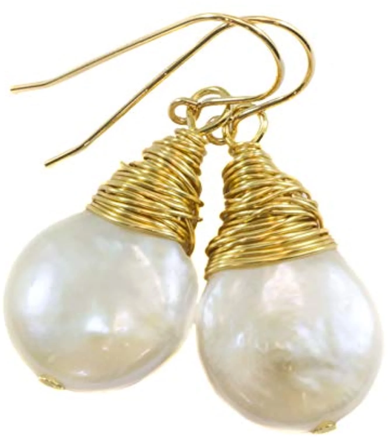 14k Gold Filled White Freshwater Cultured Pearl Earrings Large Messy Goldtone Wire Wrapped Off Round Button Dangles Designed for Adult Women and Teen Girls