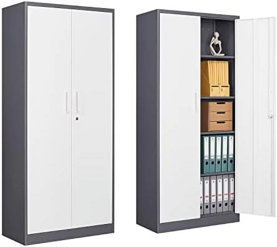NTTBOBOEC Metal Garage  Cabinet  71'' Locking  Cabinet with 2 Doors and 4 Adjustable Shelves  Lockable Metal Cabinet for Office Home Garage Gym School（Gray White） (SC-GW0715)