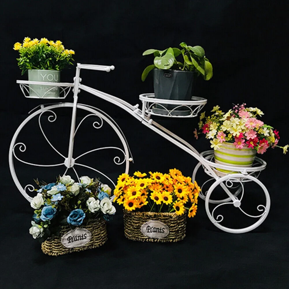 White Tricycle Bicycle Plant Stand Flower Pot Cart Holder Planter Rack Display