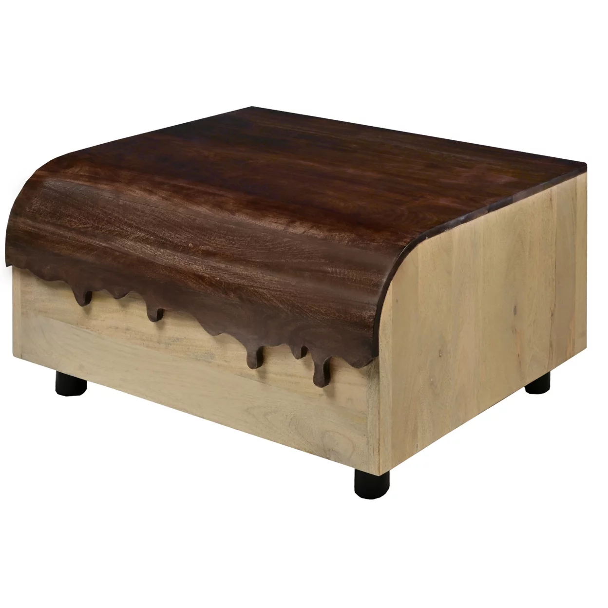 36 Inch Modern Mango Wood Coffee Table Drip Design Walnut Brown Surface Oak White Frame - Saltoro Sherpi