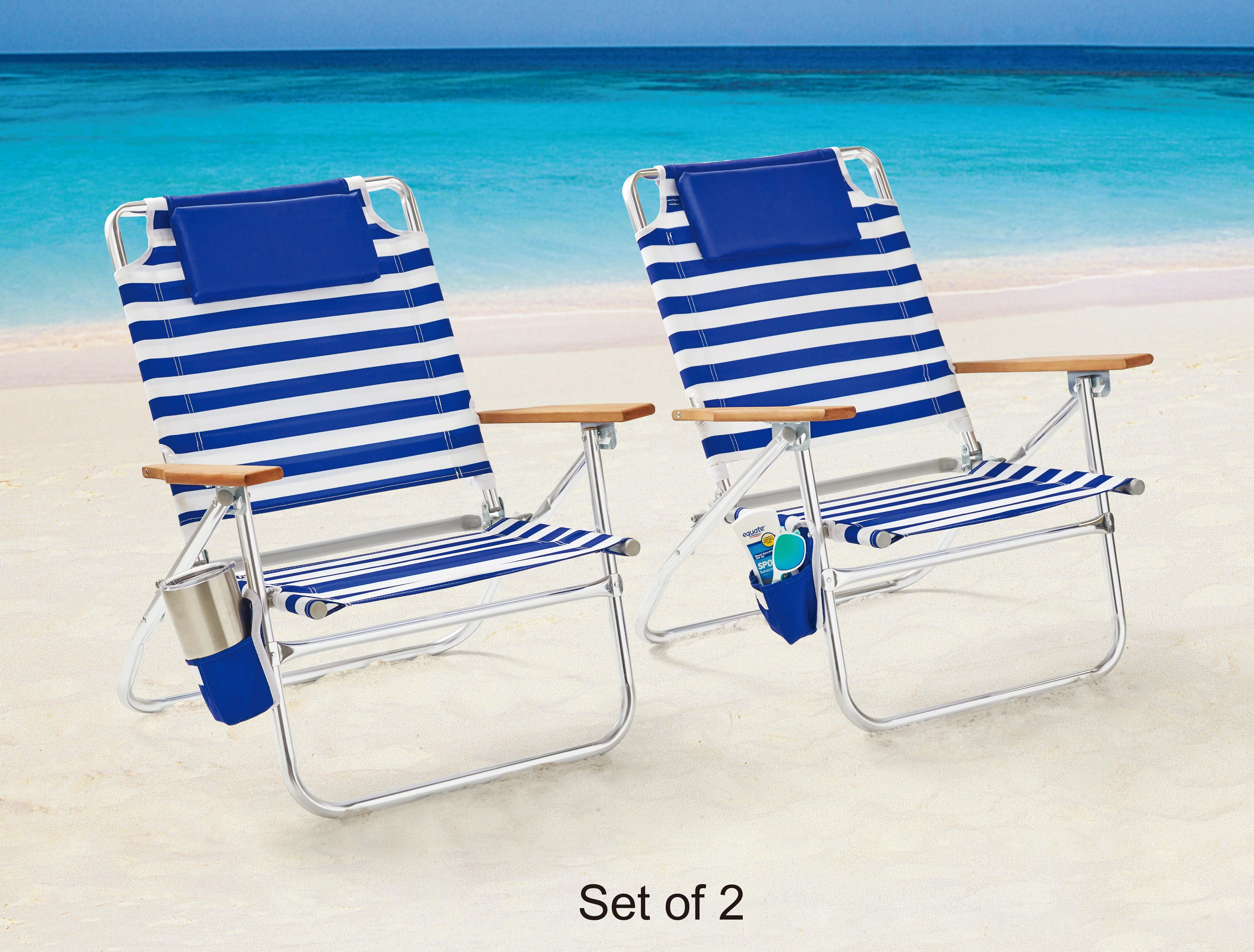 2-Pack Mainstays Wood Arm Reclining Comfort Height Backpack Beach Chair Cabana Stripe