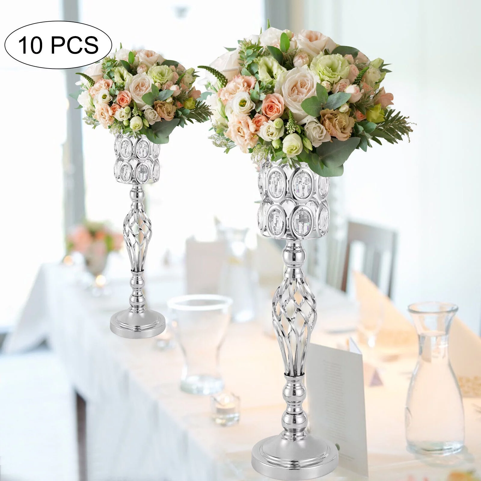 ZhdnBhnos 10 Pcs Silver Vases Metal Crystal Flower Vase Rack Wedding Table Centerpiece for Events, Reception, Ceremony, Party