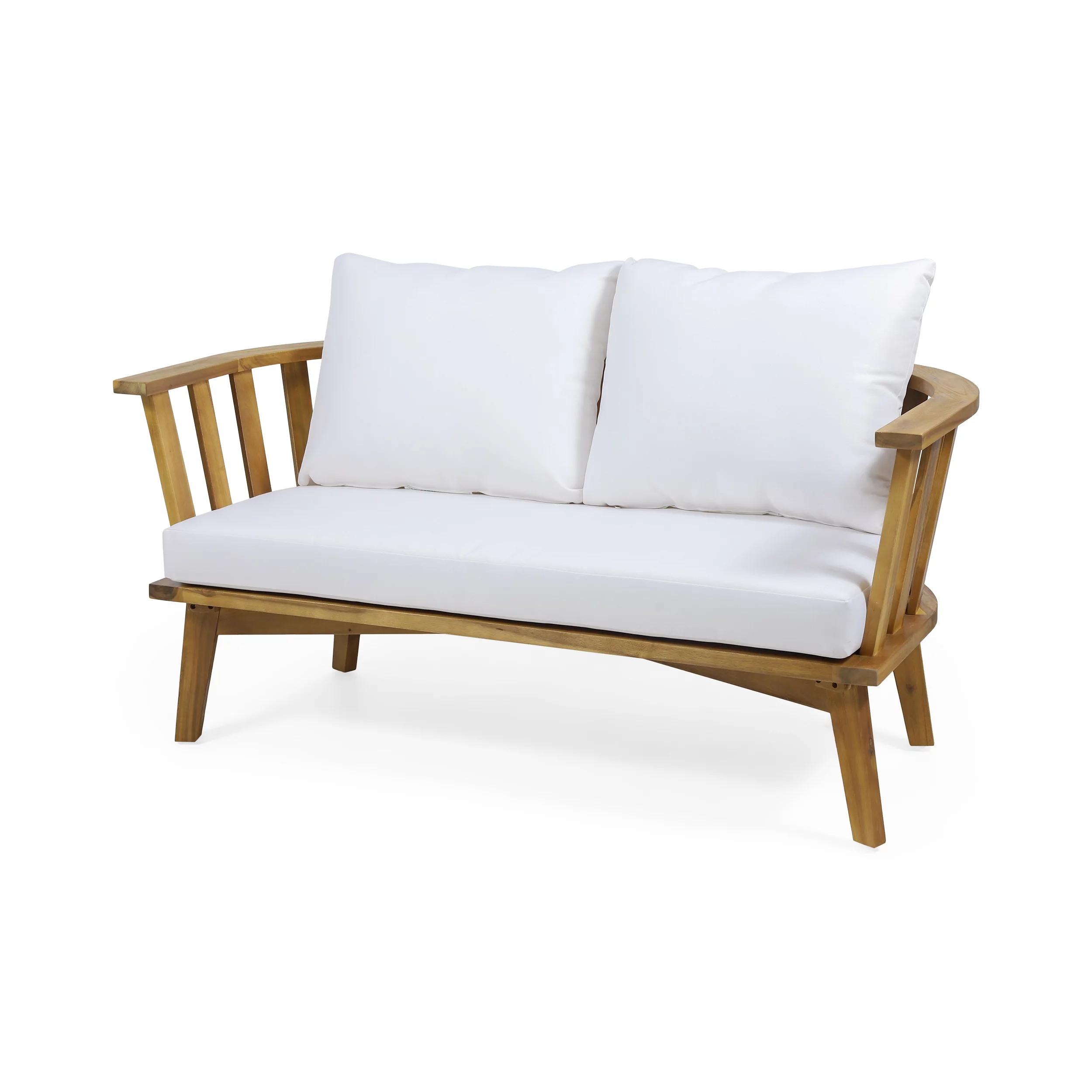 GDF Studio Lennon Outdoor Acacia Wood Loveseat with Cushions, White and Teak
