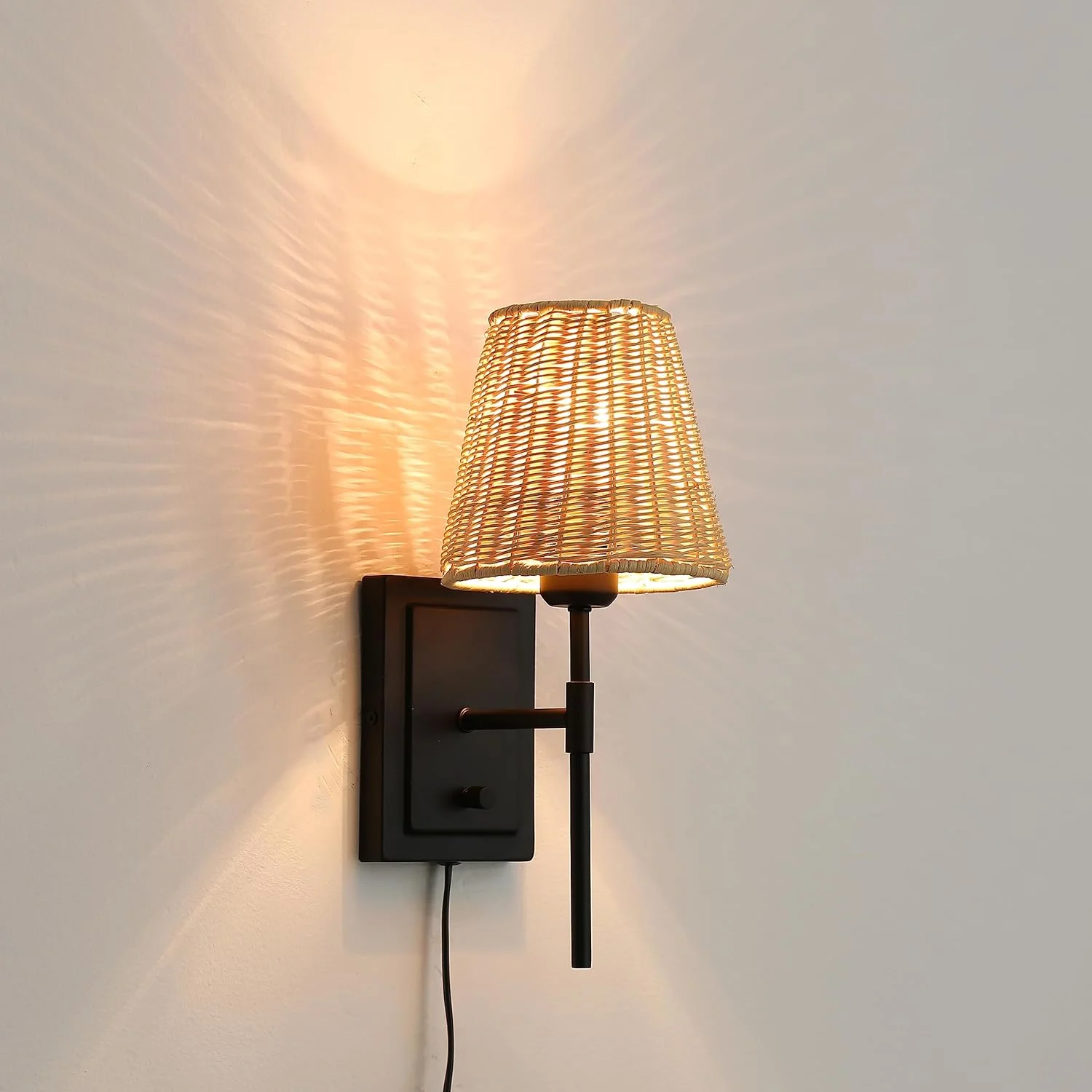 GOURE Wall Sconce Rattan Wrapped Wall Lamp Set of 2, Wall Light Fixture Vintage Bedside Light Wicker Handmade Shade Brass Reading Light Plug in or Hardwire Black