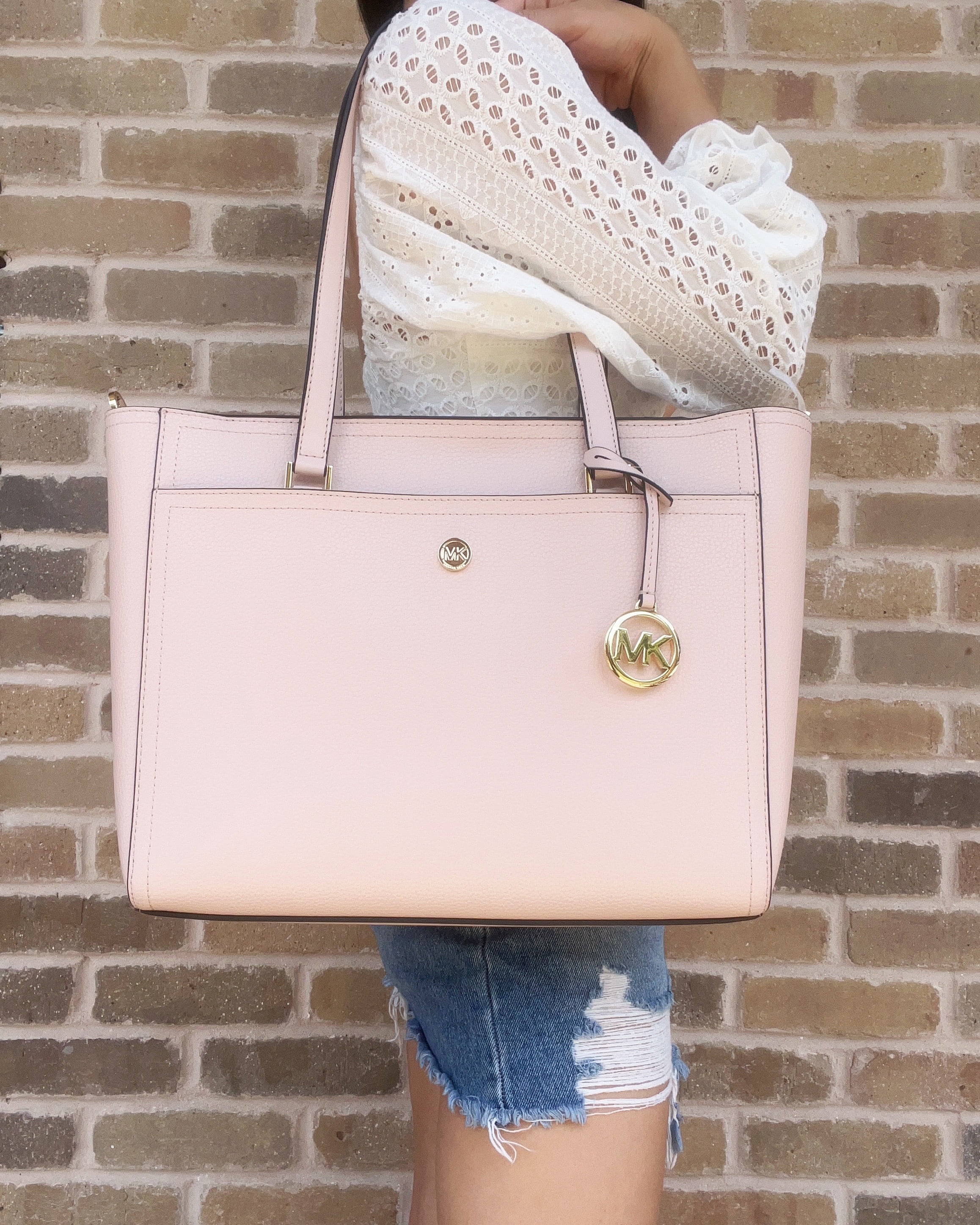 Michael Kors Maisie Large Pebbled Leather 3-In-1 Tote Bag Powder Blush Pink Mk