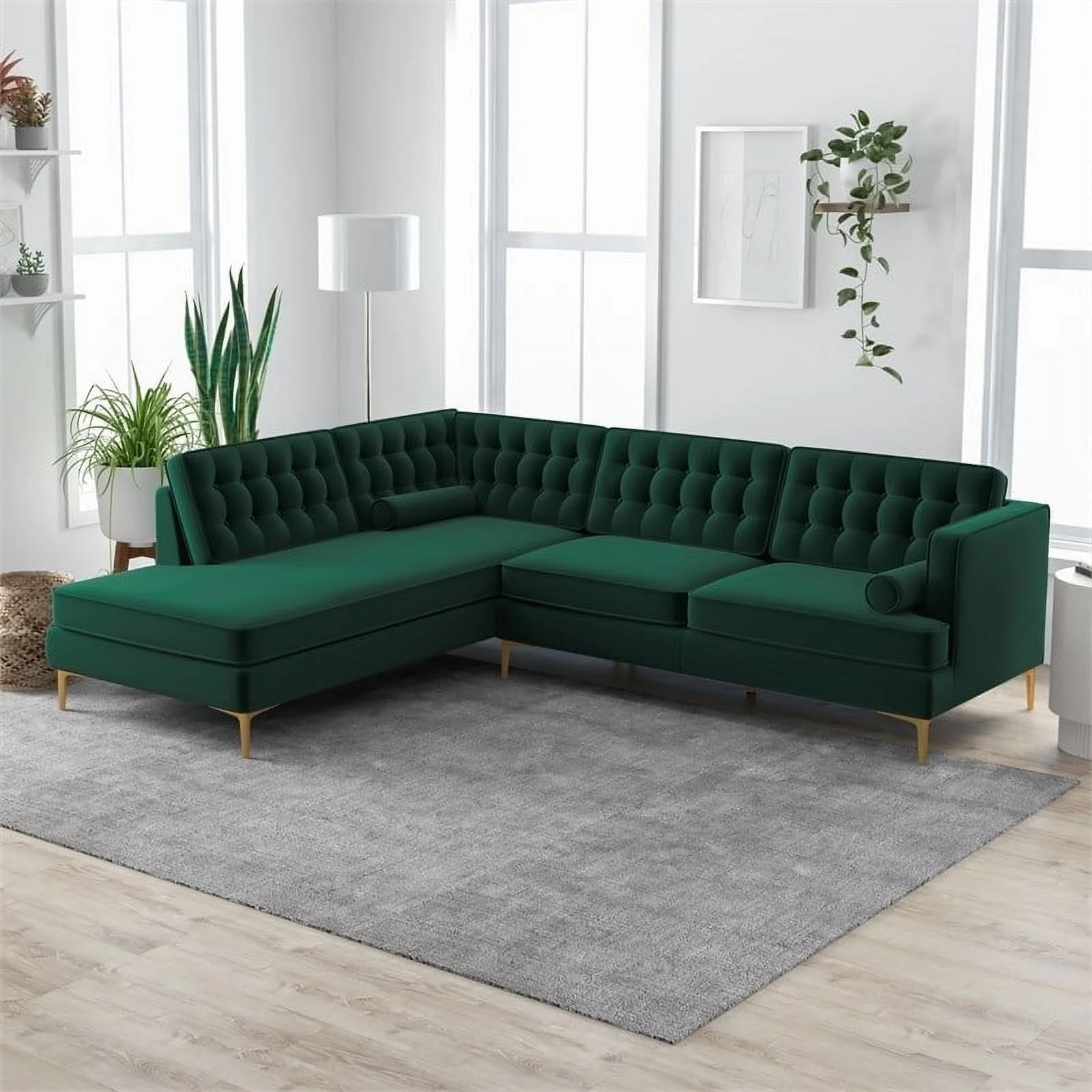 Allora Mid-Century Tufted Cushion Back Velvet left-facing Sectional in Green